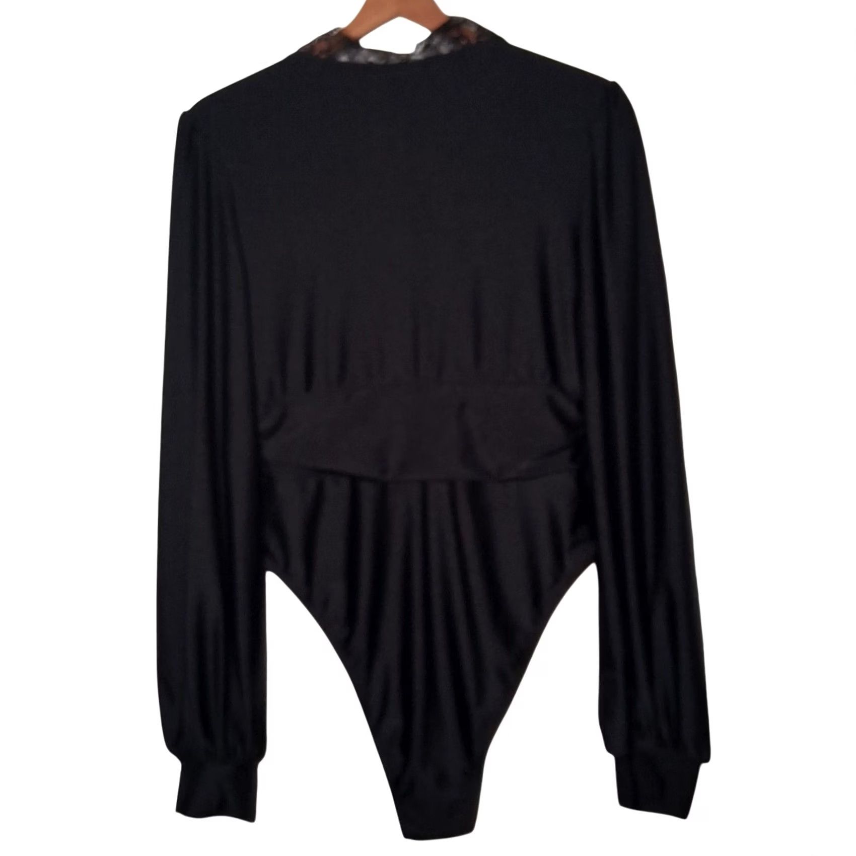 Vintage WDIRARA Bodysuit Women L Black Long Sleeve V-Neck Lace Trim Stretch NEW Size L / US 10 / IT 46 - 3 Thumbnail