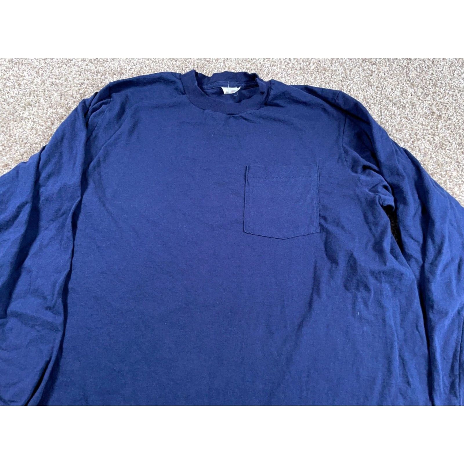 Fruit Of The Loom VINTAGE Fruit of the Loom Long Sleeve T-Shirt Dark Blue Adult Medium (XL Tag) Crew Neck 100% Cotton Retro 80s Mens Size US M / EU 48-50 / 2 - 4 Thumbnail