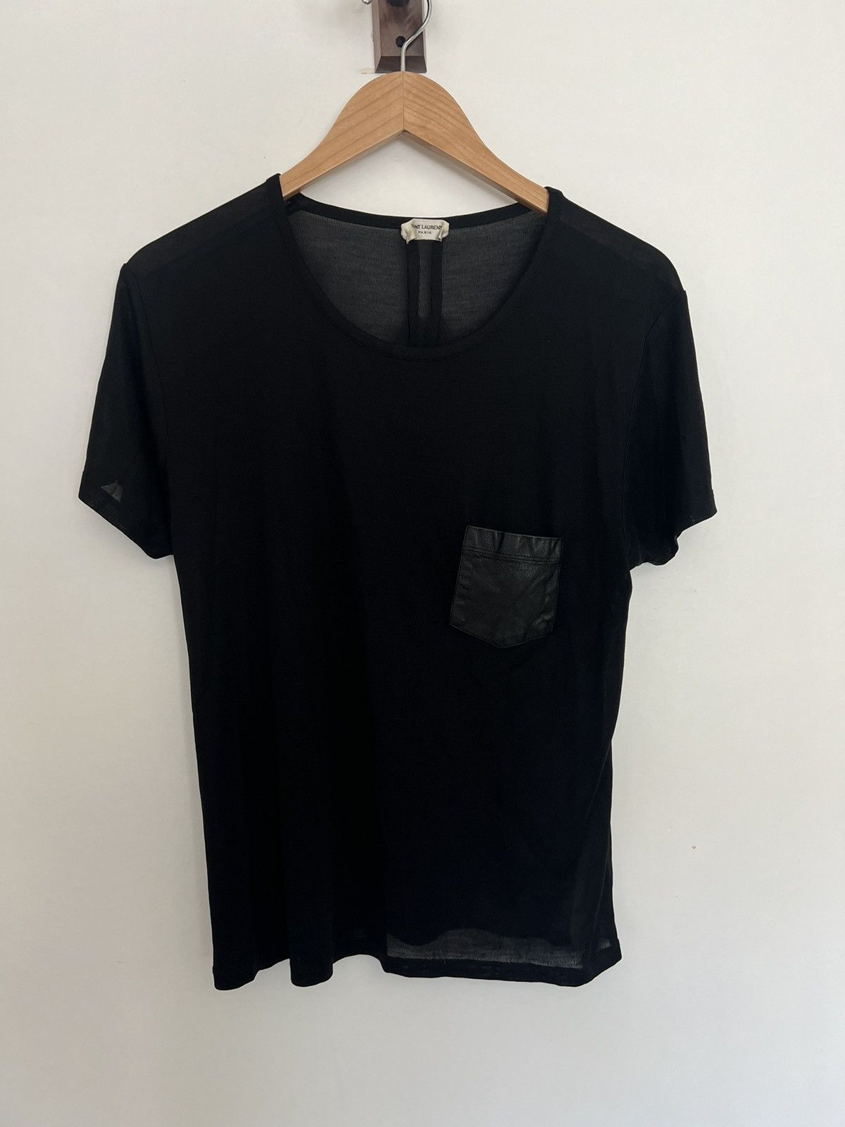 image of Saint Laurent Paris Hedi Silk Leather Pocket T in Black, Men's (Size Medium)