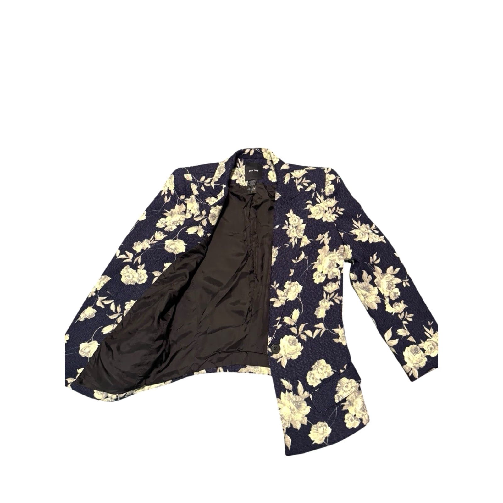SMYTHE Smythe Blazer Women Floral Navy One-Button Size 4 Blue Tweed Linen Short Coat Jacket Business Casual Fall Spring Winter Canada Size S / US 4 / IT 40 - 7 Thumbnail
