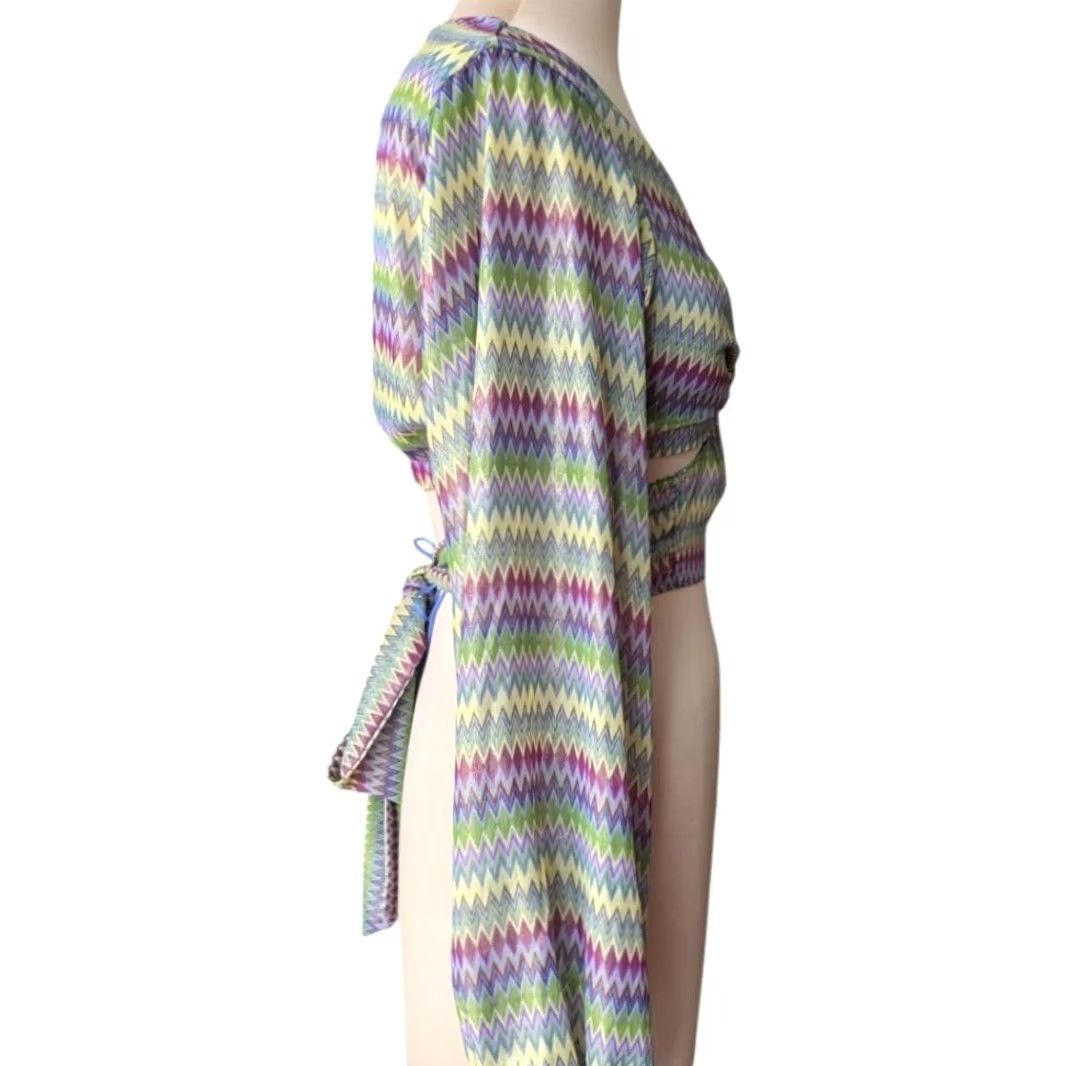 Urban Outfitters Urban Outfitters Cropped Blouse Tie Back V-Neck Long Sleeve Multicolor Geometric Geometric Pattern 70s Hippie California Party Cocktail Boho Women M Size M / US 6-8 / IT 42-44 - 3 Thumbnail
