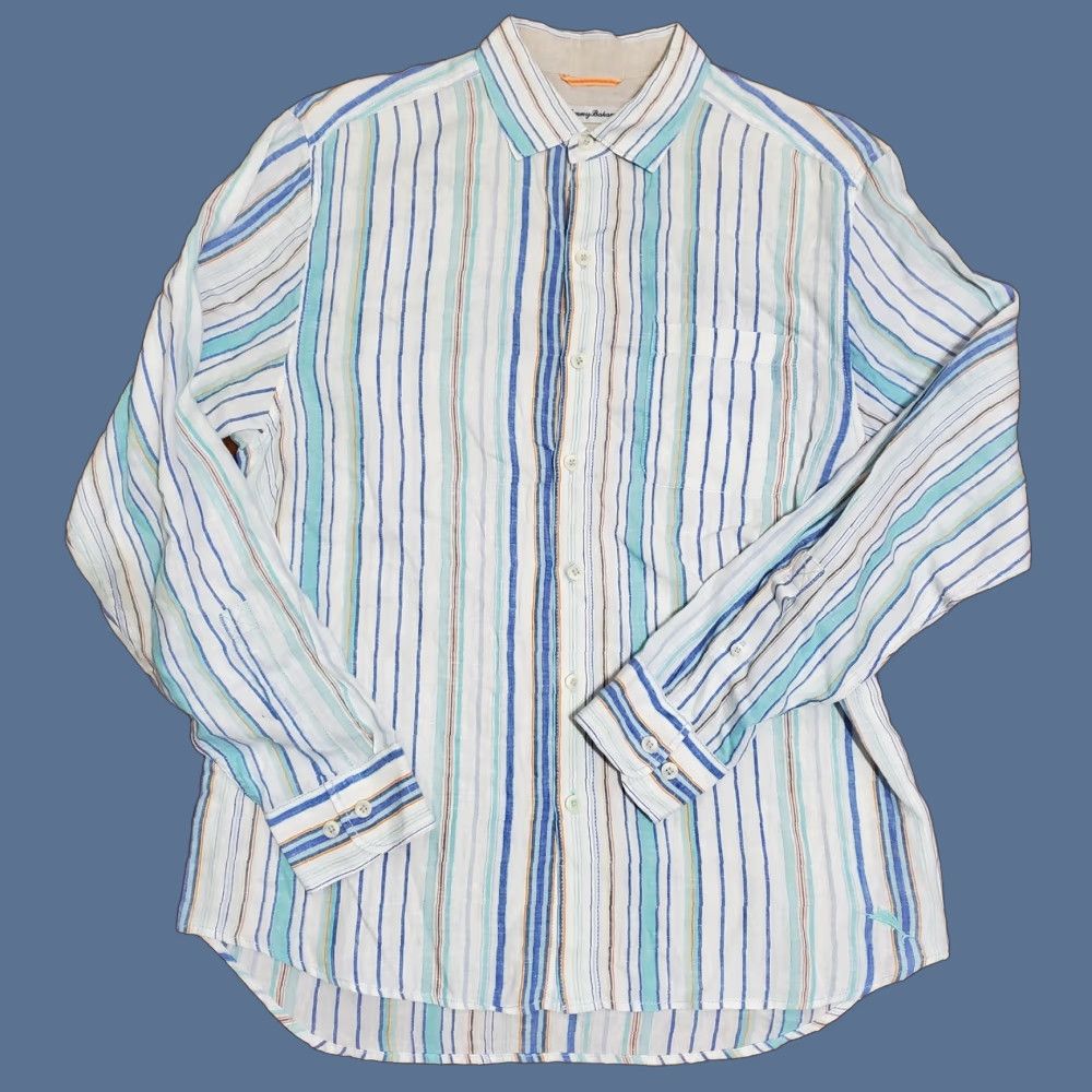 VINTAGE not included since original says Not vintage. Title: Tommy Bahama Shirt Mens M Blue White Linen Striped Button-Up Long Sleeve Casual