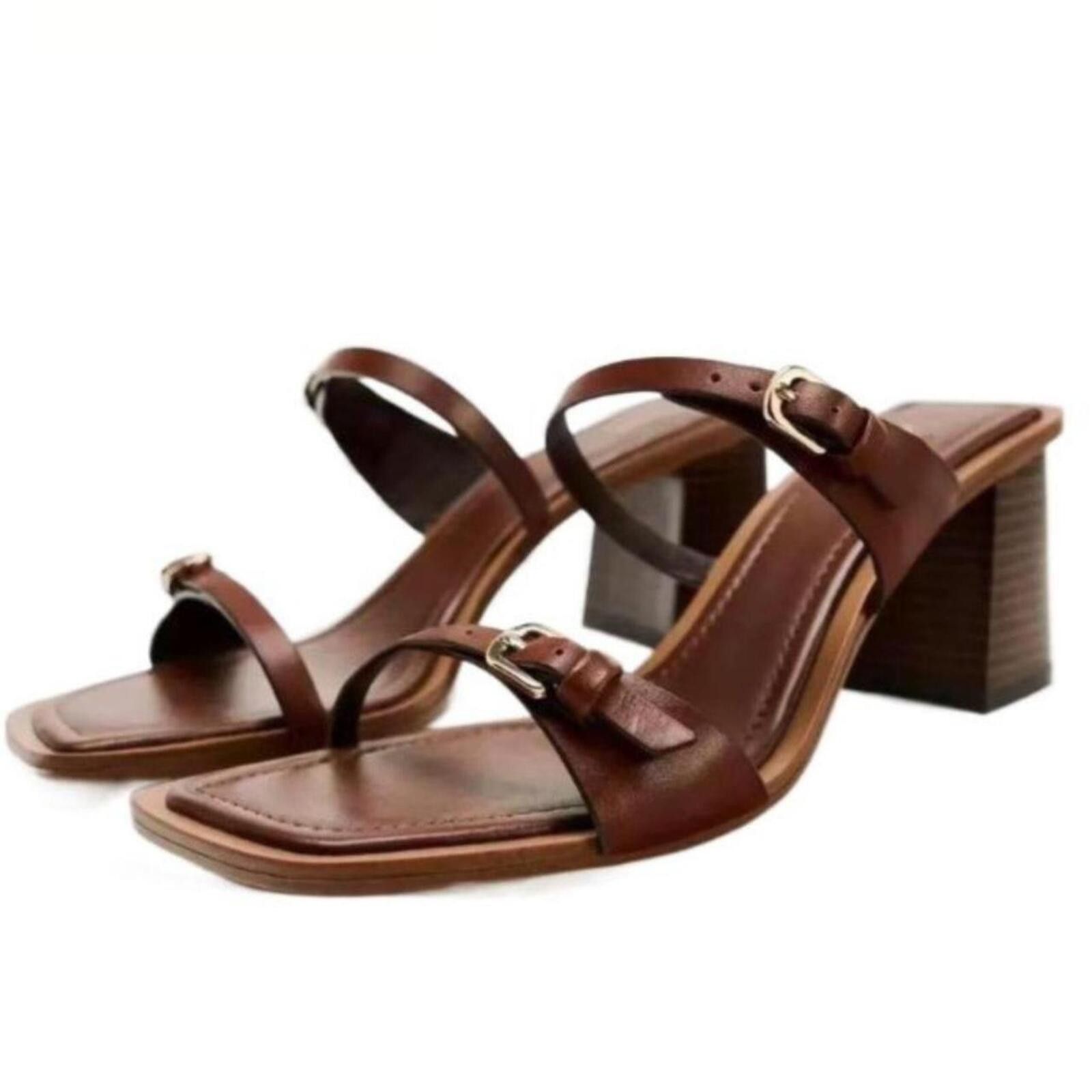 Zara Zara brown leather sandals with gold buckle detail Size US 9 / IT 39 - 3 Thumbnail