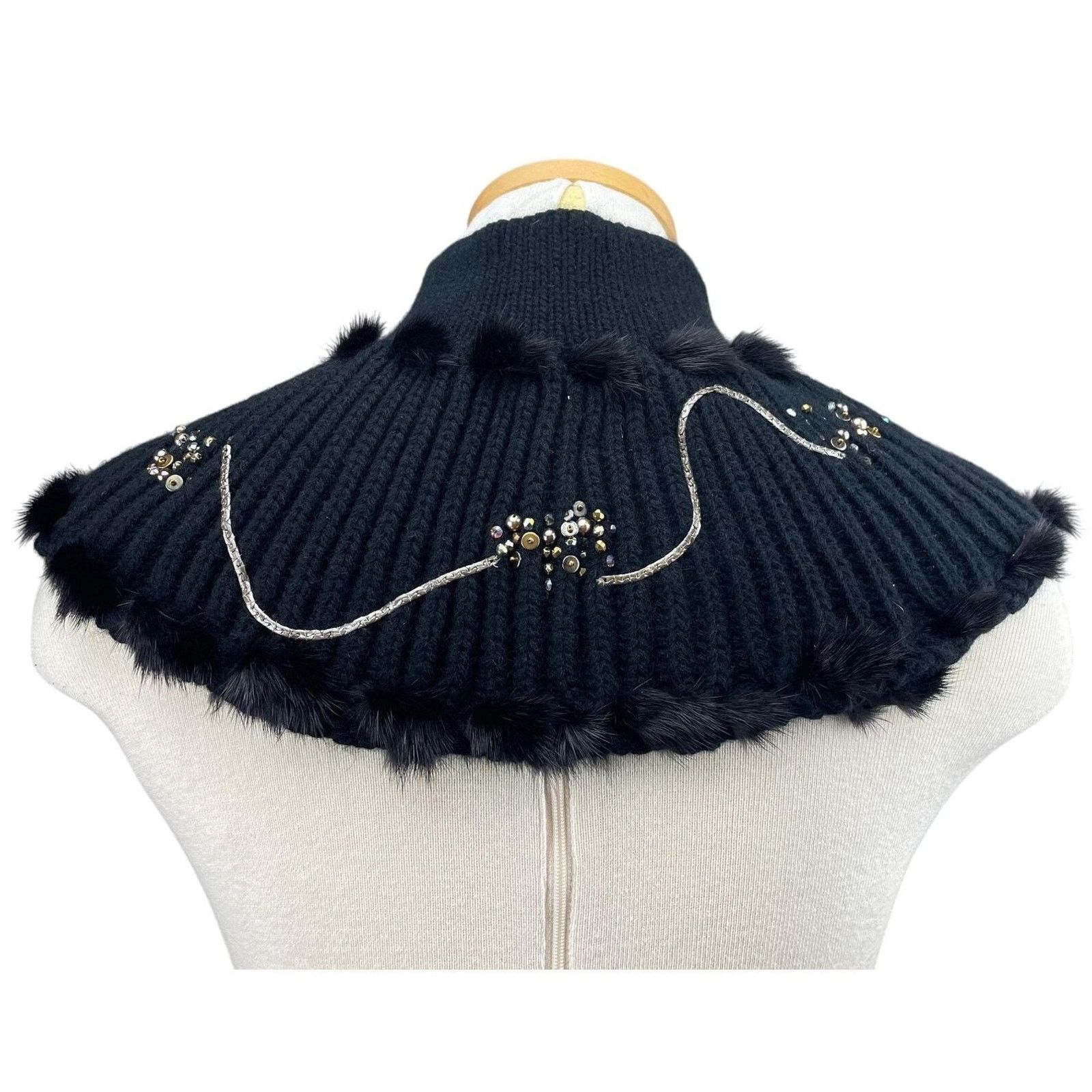 Handmade MINAPOE Wrap Scarf Black Cashmere Fur Button Handmade Collar Size ONE SIZE - 3 Thumbnail