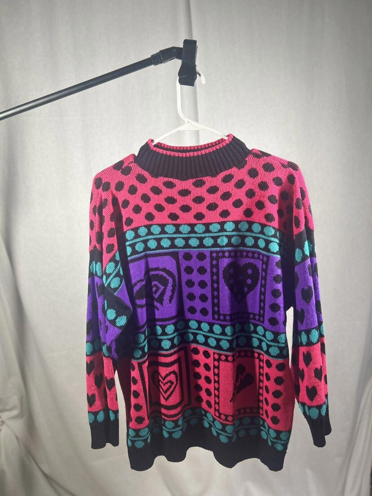 Designer VTG 1980s Polka Dot Geometric Hearts Acrylic Sweater Size XL / US 12-14 / IT 48-50 - 1 Thumbnail
