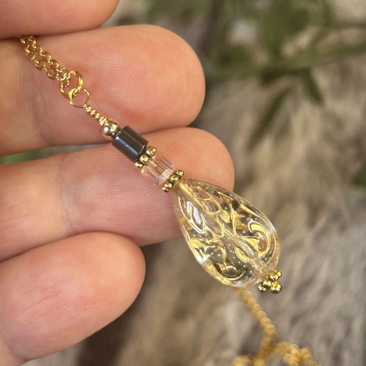 Handmade Handcrafted elegant raindrop glass beaded pendant necklace Size ONE SIZE - 1 Thumbnail