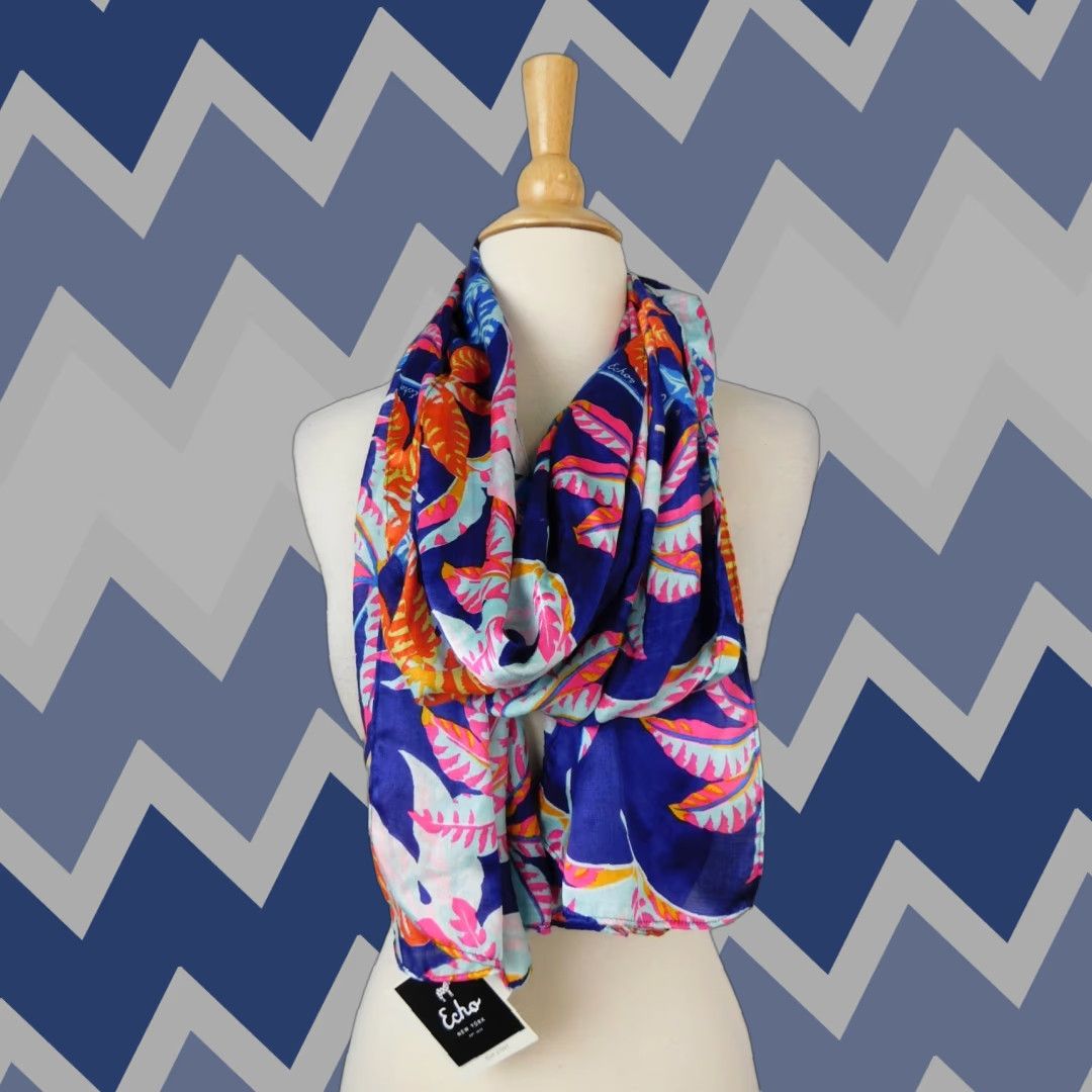 Vintage Echo Scarf ObLong Navy Multi Floral Print Palm - Polyester, 18" x 72" - Women, Rectangle, 100% Polyester, Style 804101 Size ONE SIZE - 1 Thumbnail