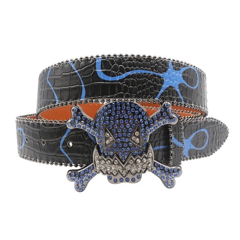 image of Hot Rhinestone Studded Skull Pu Leather Belt in Blue, Men's