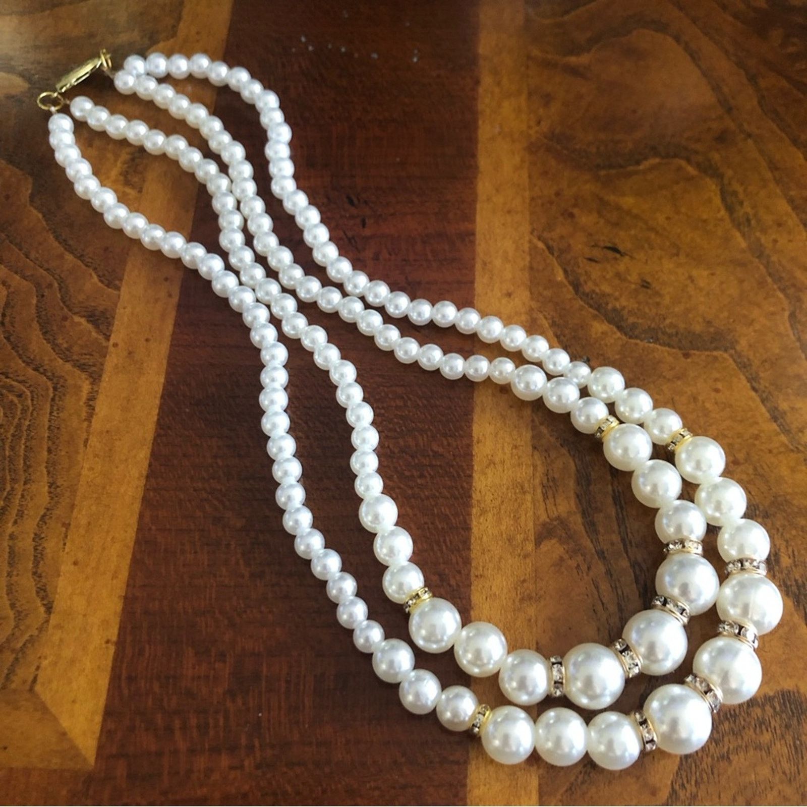 Handmade Handcrafted double strand white acrylic Pearl bead necklace Size ONE SIZE - 8 Thumbnail