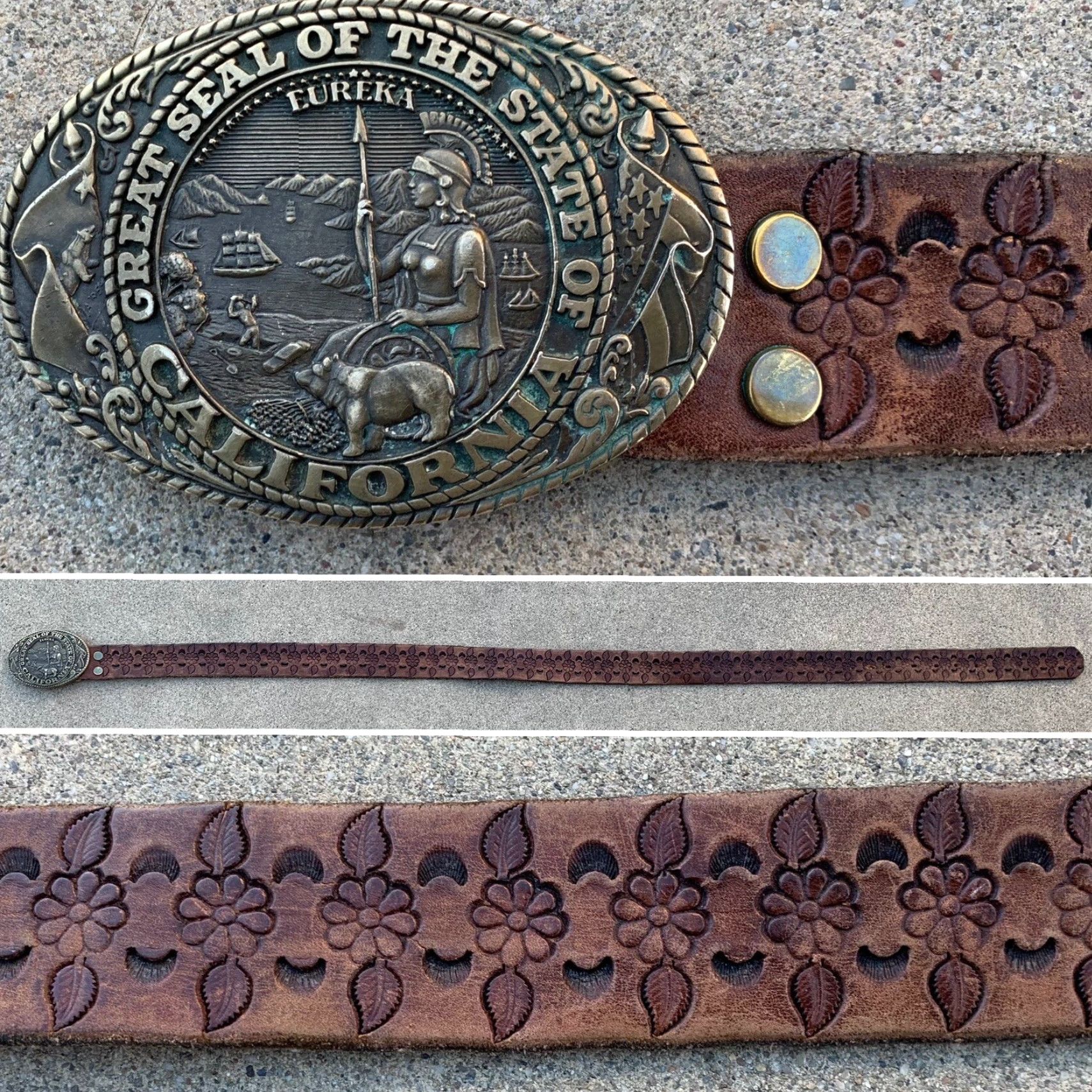 Tony Lama VINTAGE tooled leather belt Tony Lama state series California brass buckle Belt Adult Unisex Rockabilly Size ONE SIZE - 3 Thumbnail