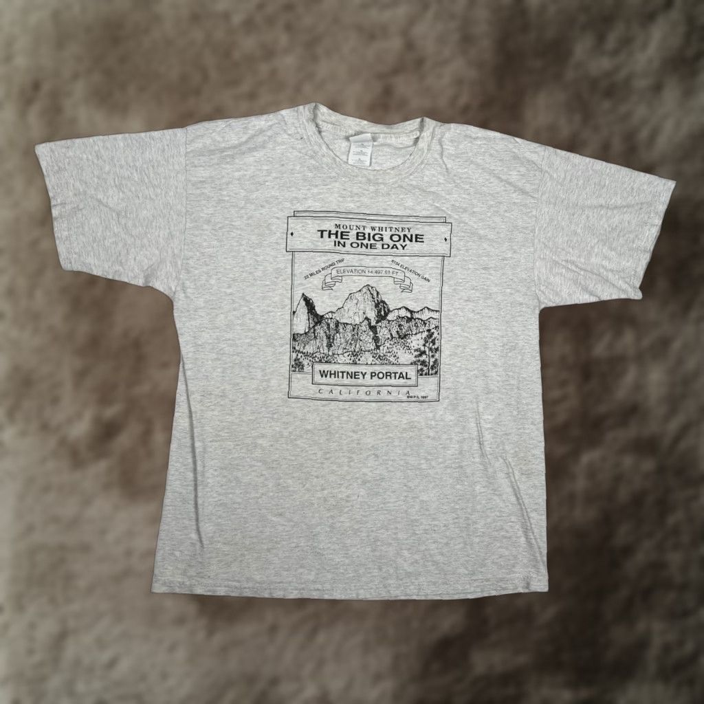 Gildan VINTAGE Mount Whitney T-Shirt Mens XL Gray Graphic 90s Hiking Big One In One Day Whitney Portal California Mountains Size US XL / EU 56 / 4 - 1 Thumbnail