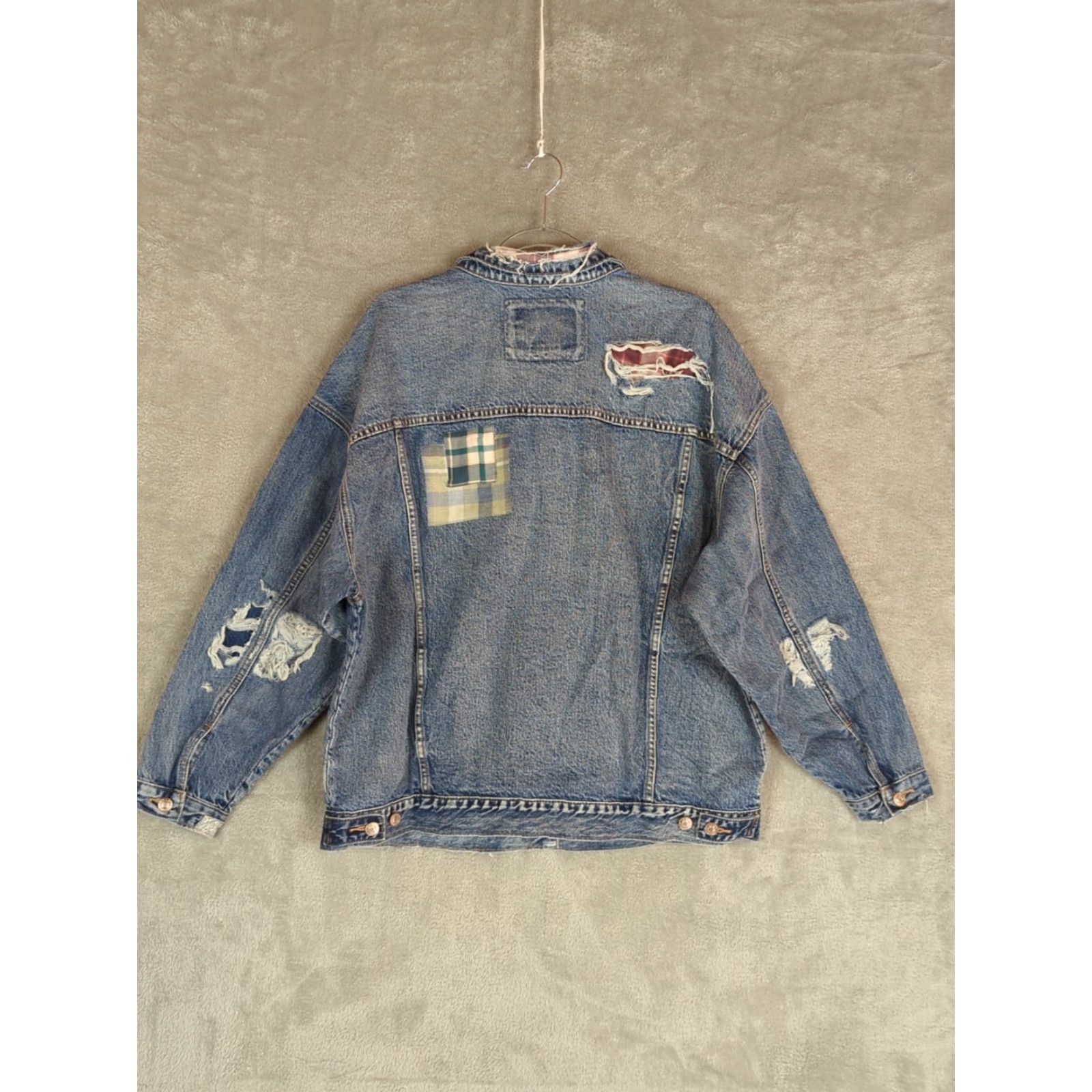 American Eagle Outfitters VINTAGE American Eagle Boyfriend Jean Jacket XL Blue Patchwork Distressed Oversized Size 40" / US 18 - 3 Thumbnail