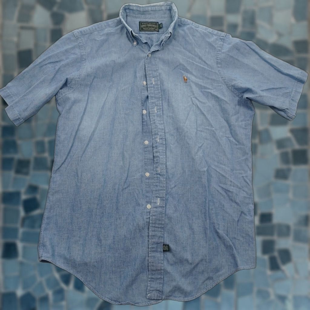 VINTAGE Ralph Lauren Polo Shirt Mens Medium Denim Short Sleeve
