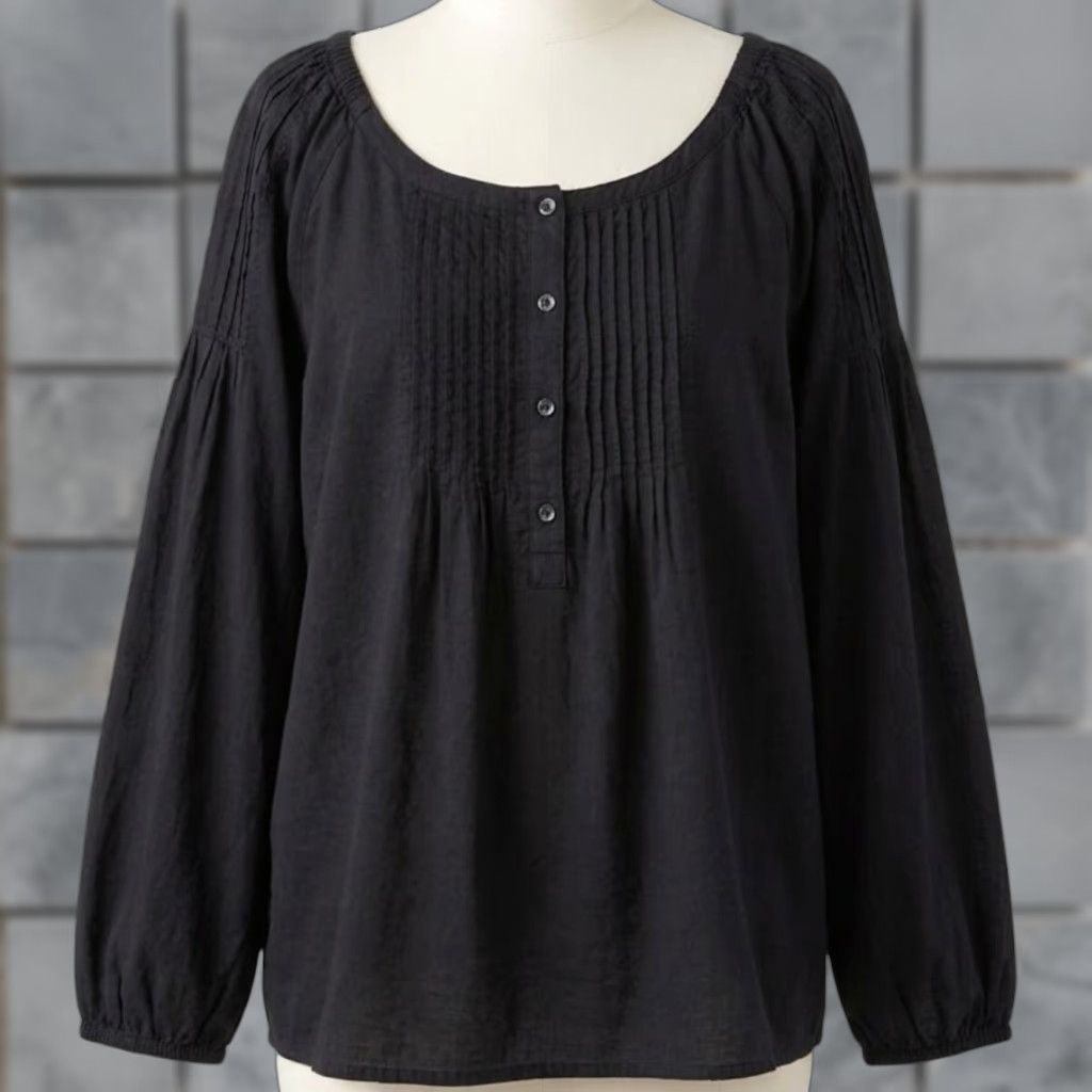 Old Navy VTG Old Navy Blouse XL Black Boho Henley Long Sleeve 100% Cotton Button Pleated Scoop Neck Women Size XL / US 12-14 / IT 48-50 - 1 Thumbnail