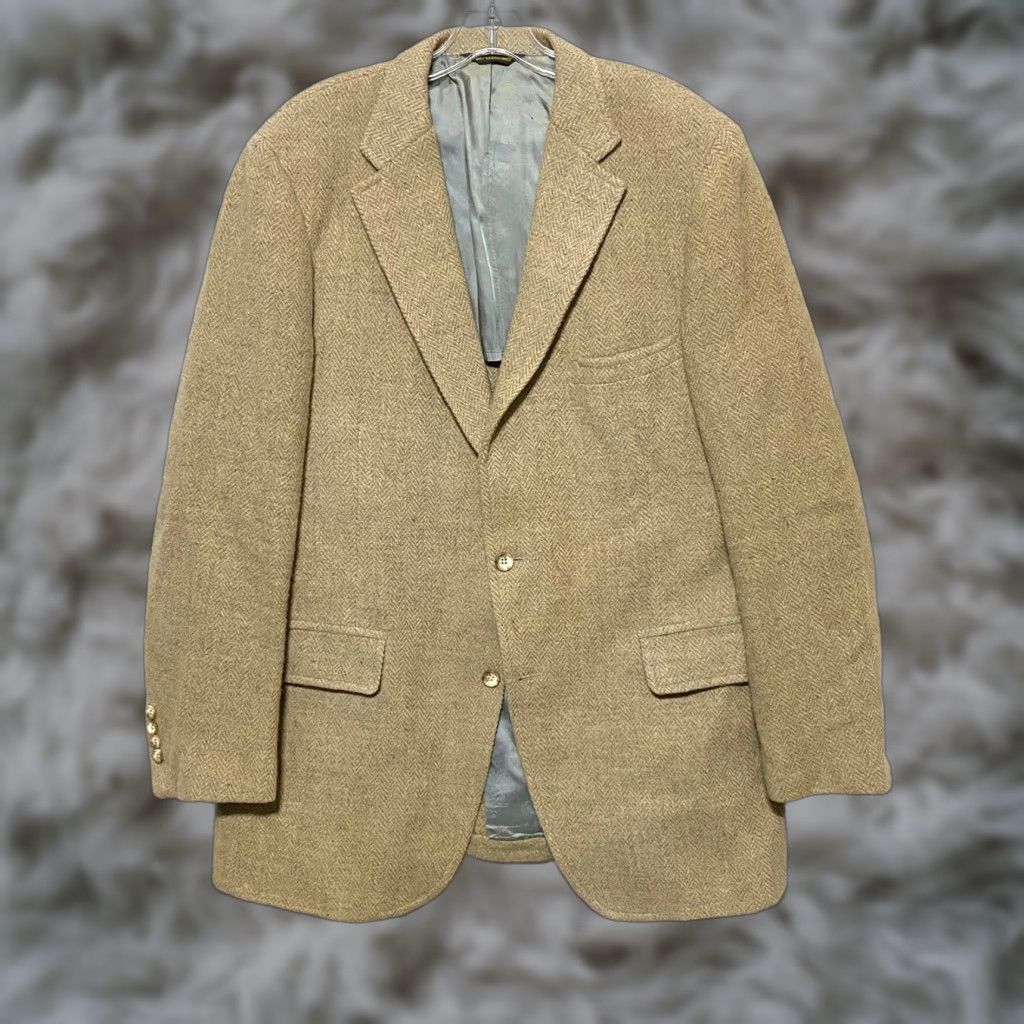 Harris Tweed VINTAGE Harris Tweed Blazer Mens 43R Wool Tweed Herringbone Tan Preppy Academia Ivy League University Blazer Mens Size 46R - 1 Thumbnail