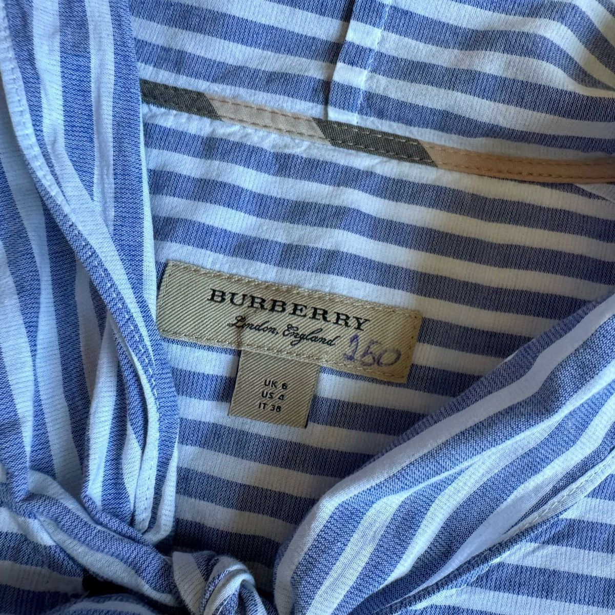 Burberry Burberry Women V Tie Neck Blue White Striped Cotton Dress Size S / US 4 / IT 40 - 6 Thumbnail