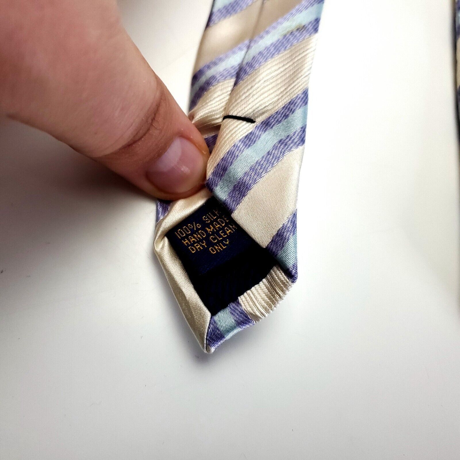 Designer Henry Jacobson Silk Tie Woven Cream Blue Striped Wide Size ONE SIZE - 5 Thumbnail