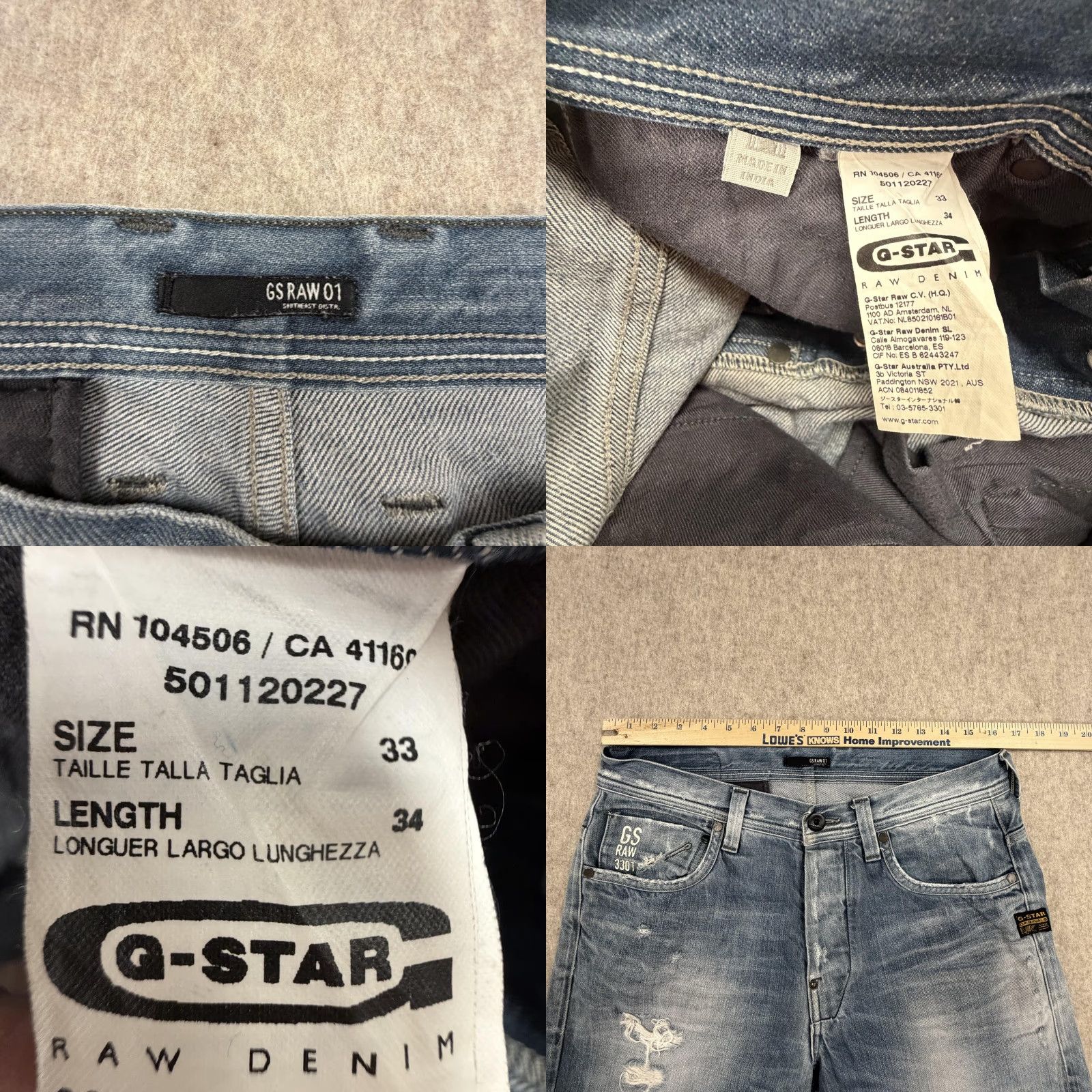 Vintage G-Star RAW Jeans Mens 33x34 Light Wash 3301 Distressed Straight Button Fly Size US 33 - 8 Thumbnail