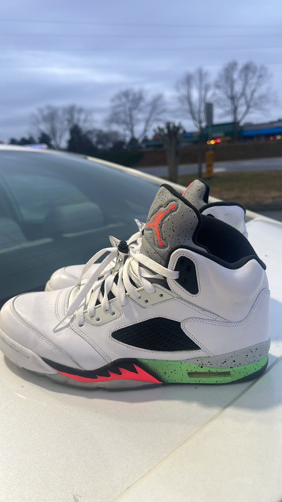 image of Jordan Brand 5 Poison Green Shoes in Green Black White, Men's (Size 11)