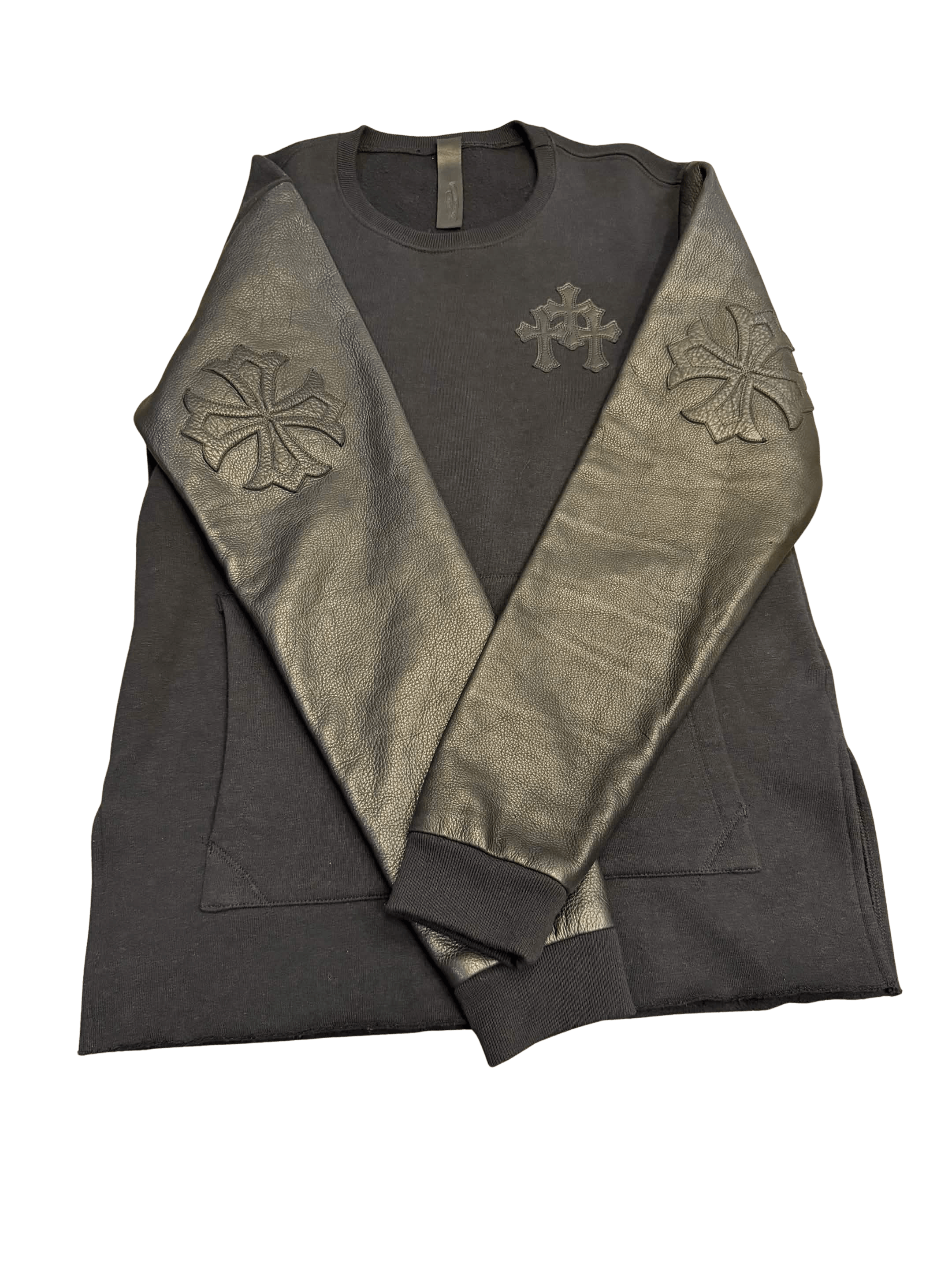 Chrome Hearts Triple cross patch leather sleeve dual zip hoodie