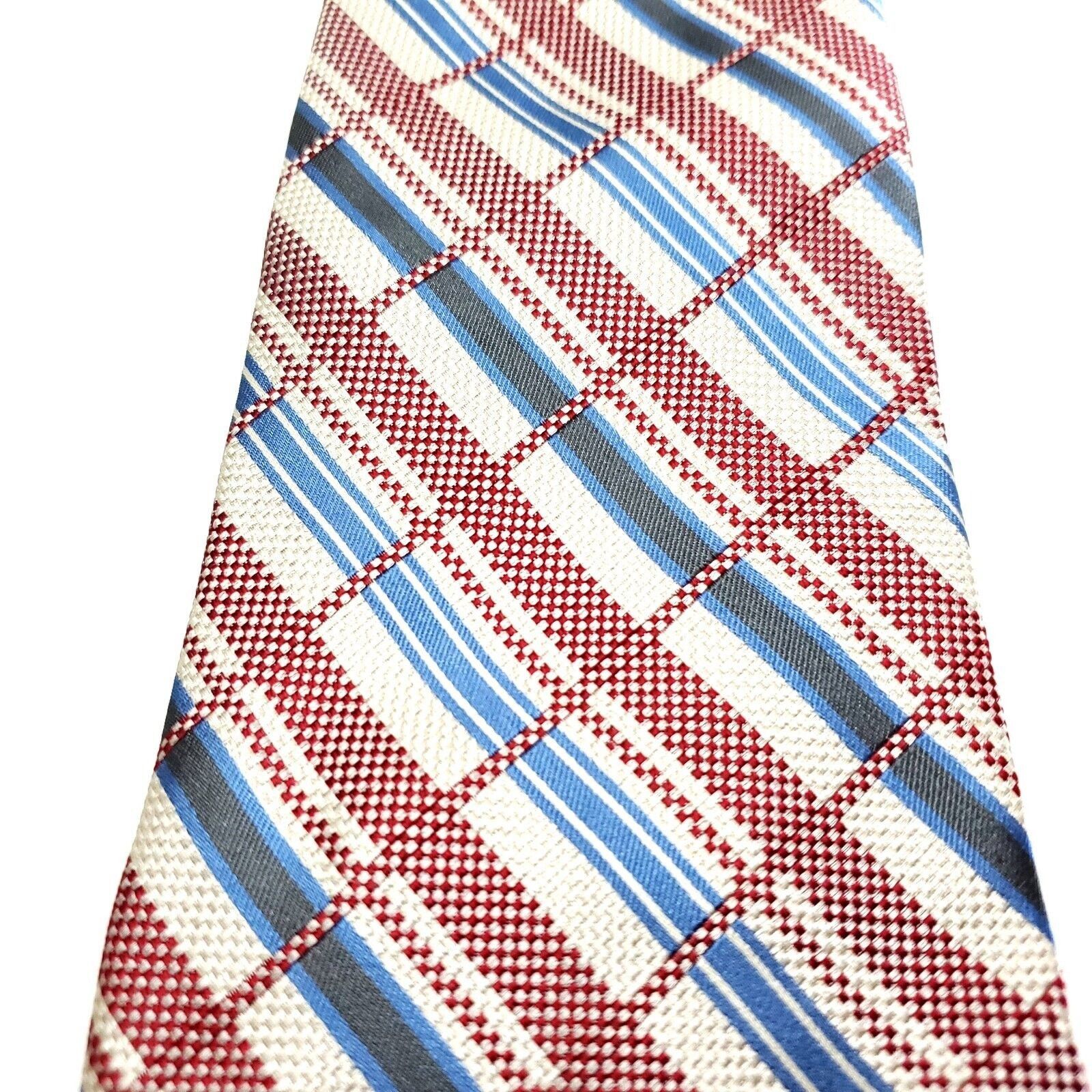 Designer Tango Collections Woven Cream Red Blue Plaid Silk Tie Size ONE SIZE - 2 Thumbnail
