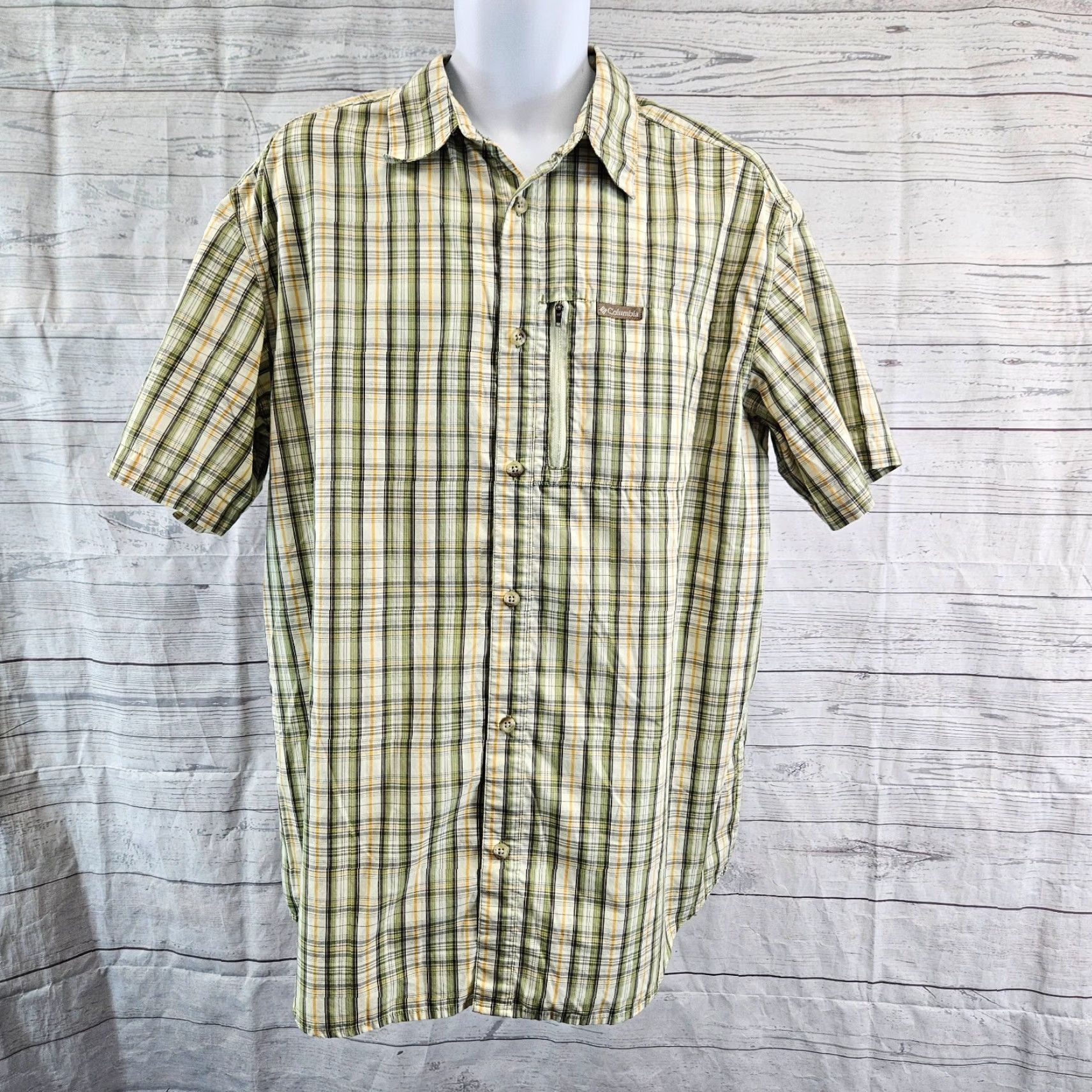 Vintage Columbia Button Front Shirt Mens Large Plaid Short Sleeve Green Yellow Vented Size US 33 - 2 Thumbnail