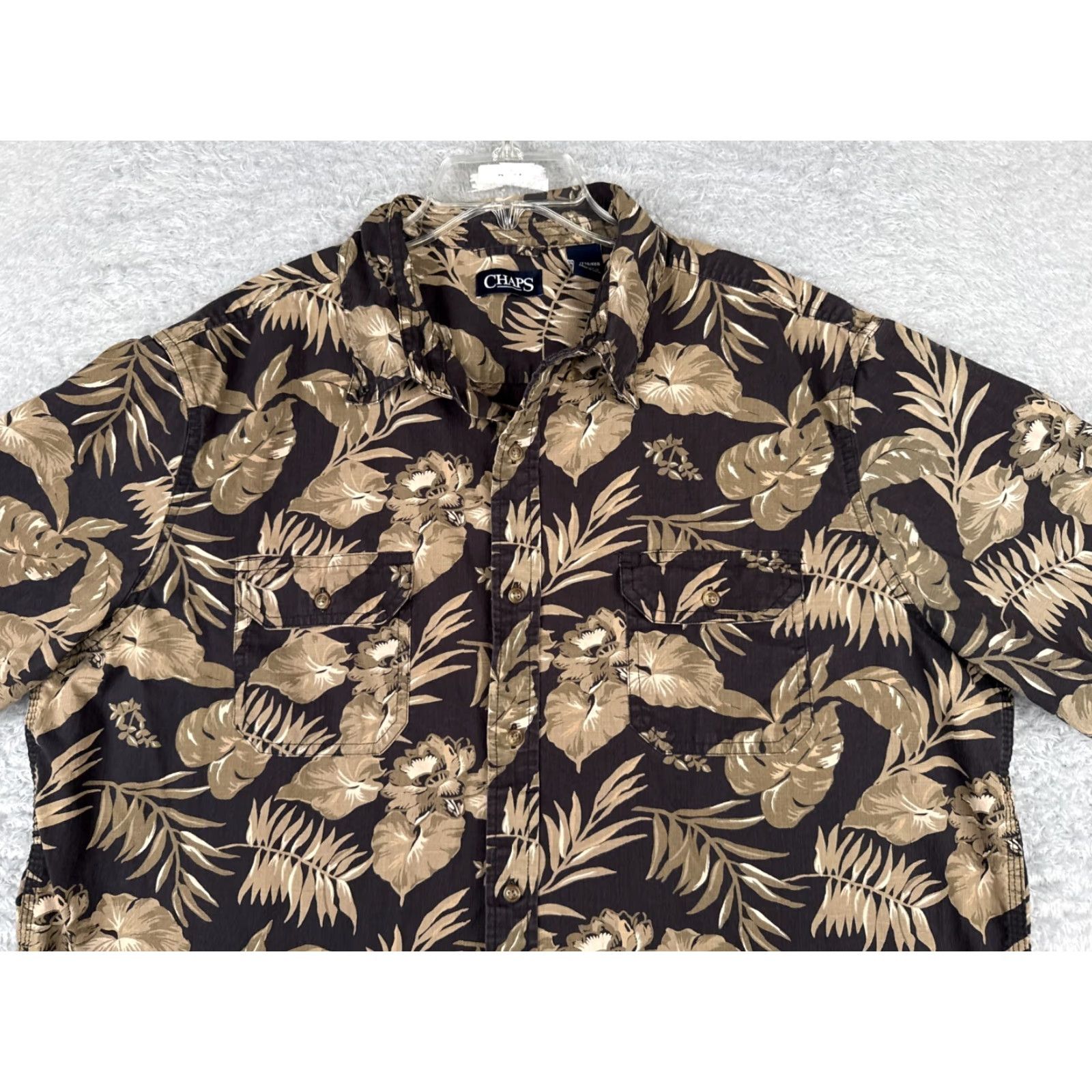 Chaps VINTAGE Chaps Shirt Mens 2XL Hawaiian Floral Leaf Print Cotton Button-Up Beige Black Short Sleeve Mens Regular Adult 2XL Hawaiian Theme Boys/Girls Men Size US XXL / EU 58 / 5 - 6 Thumbnail