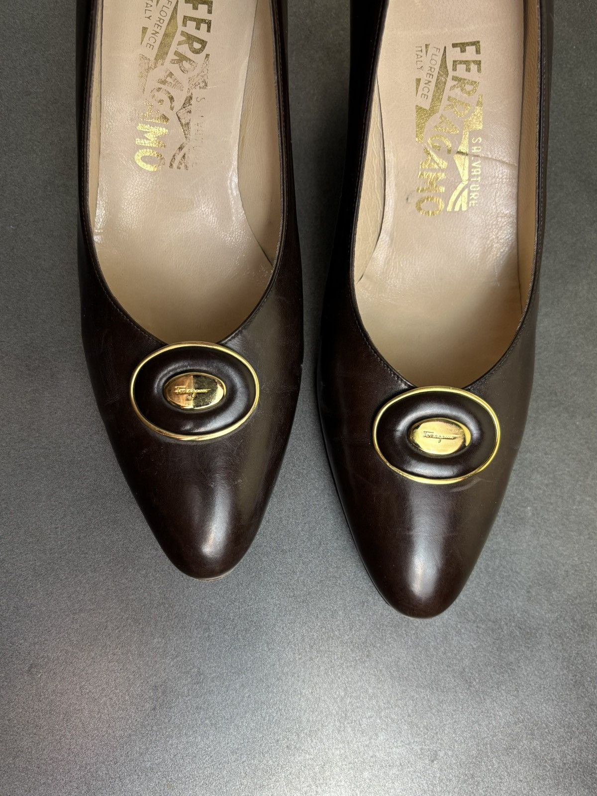 Salvatore Ferragamo × Vintage Vintage Ferragamo Heels Brown Leather Slip On 1980s Box Size US 9.5 / IT 39.5 - 6 Thumbnail