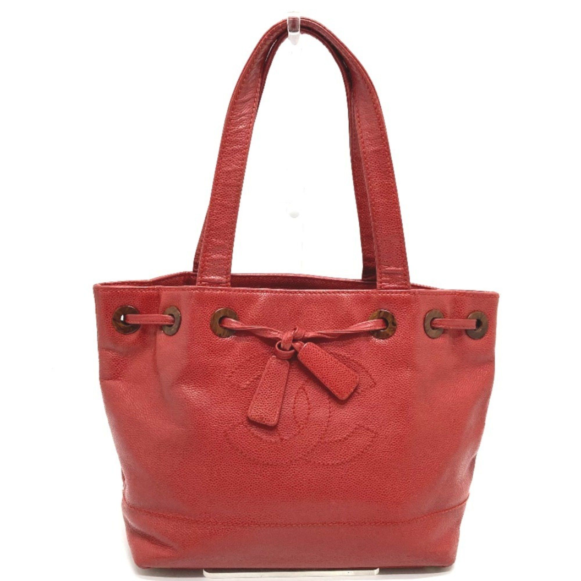 CHANEL CC Coco Mark Wood Grain Drawstring Vintage Tote Bag in Caviar Leather Women's Red