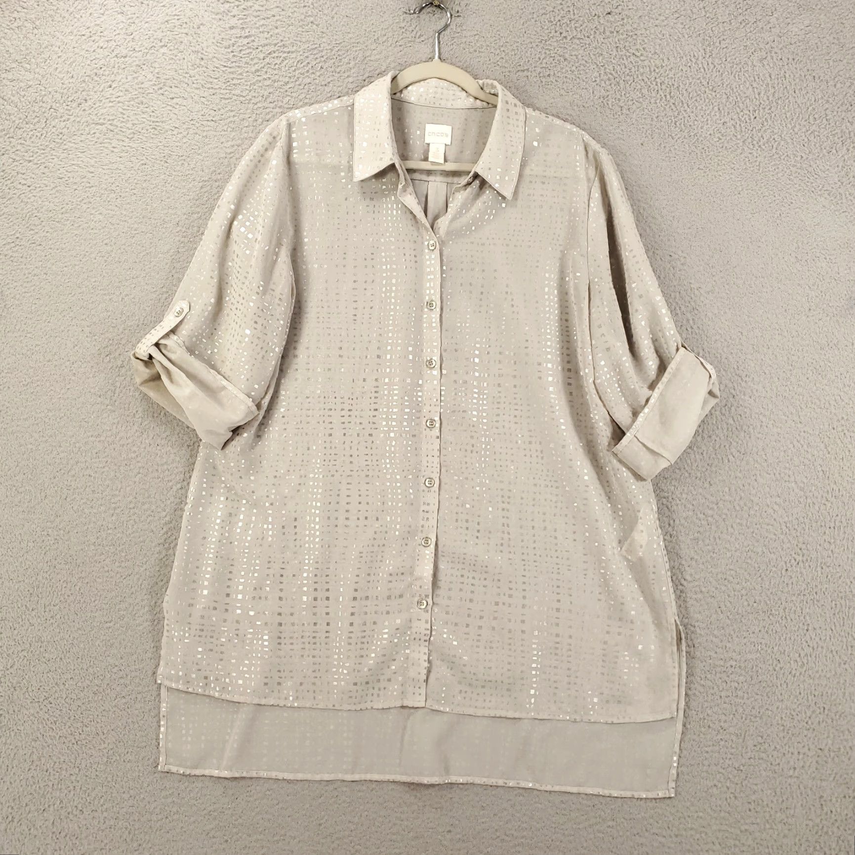 Vintage Chicos Blouse Shirt Womens XL Button Up Geometric Silver Gray Sequin Lightweight Sheer Classic/Fitted Sleeve Button Size XL / US 12-14 / IT 48-50 - 2 Thumbnail