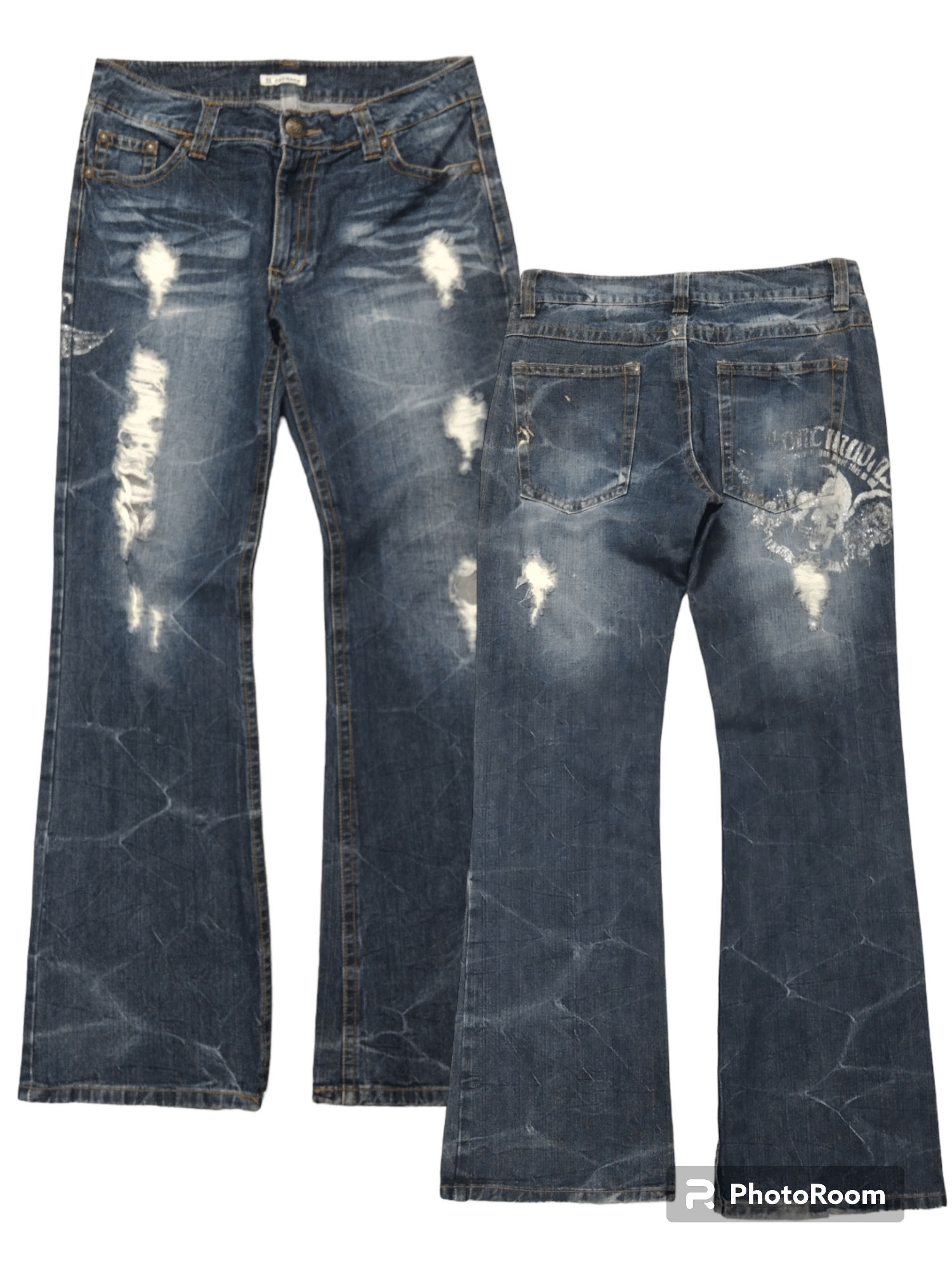 image of Distressed Denim x Hype Flare Riped Skull Art Sorridere Denim Pants in Blue Distressed (Size 33)