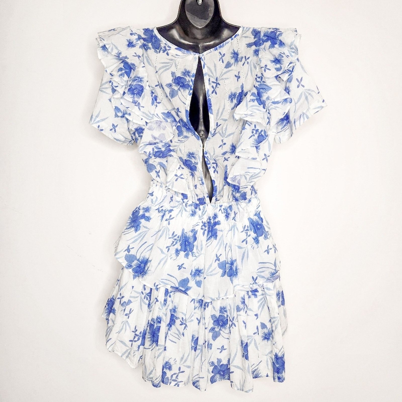 LoveShackFancy LoveShackFancy White Blue Floral Natasha Mini Ruffle Dress S Size S / US 4 / IT 40 - 4 Thumbnail