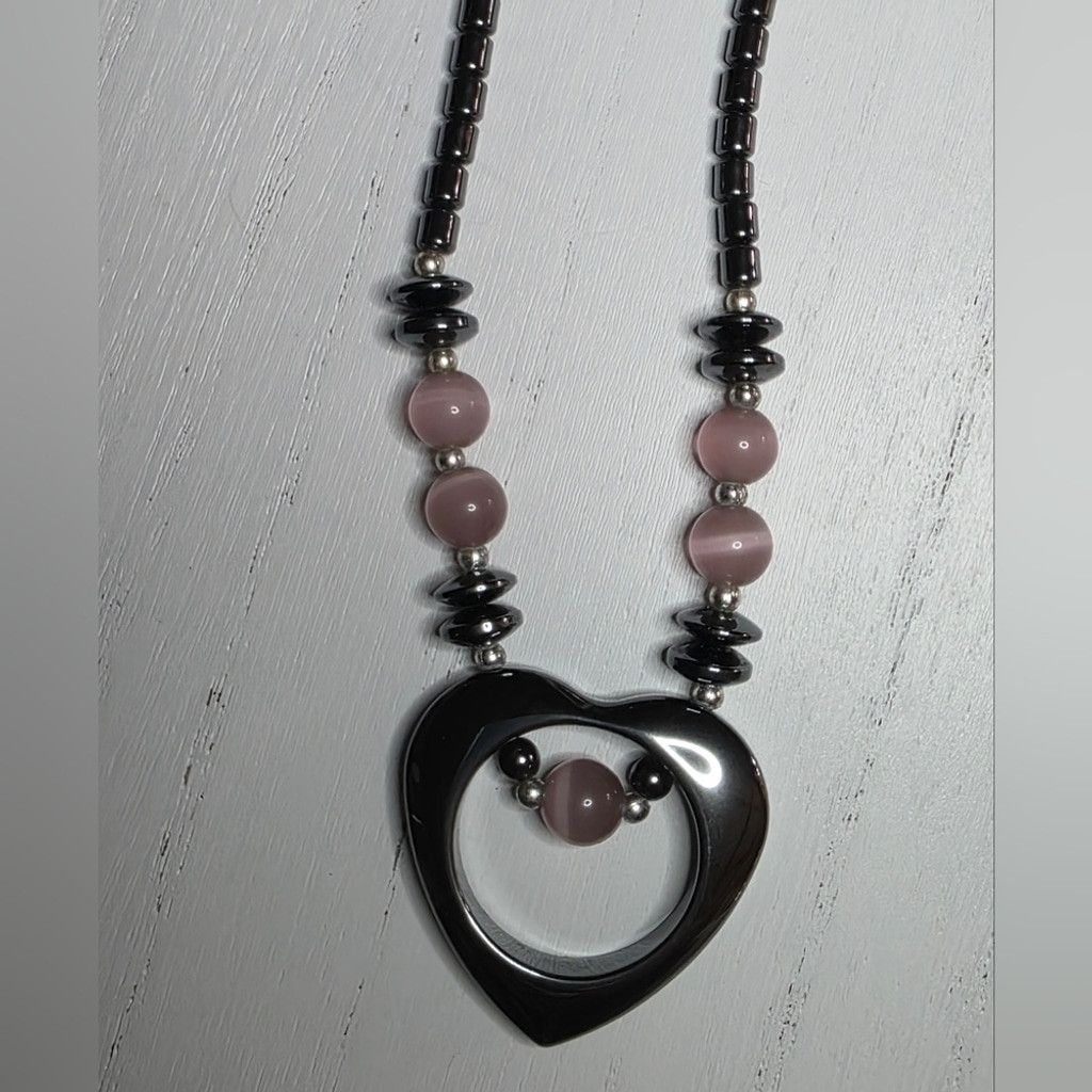 The Unbranded Brand Vintage Hematite Heart Pendant Necklace with Pink Accents Size ONE SIZE - 2 Thumbnail