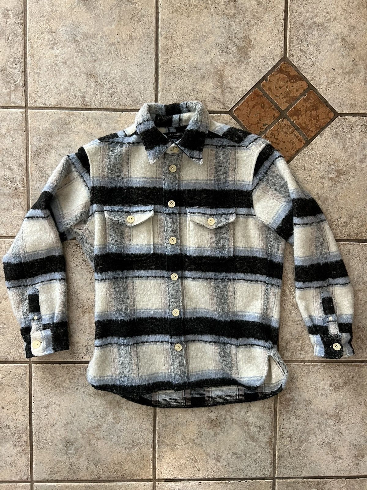 image of Allsaints Wool Flannel Jacket in Blue/White, Men's (Size Small)