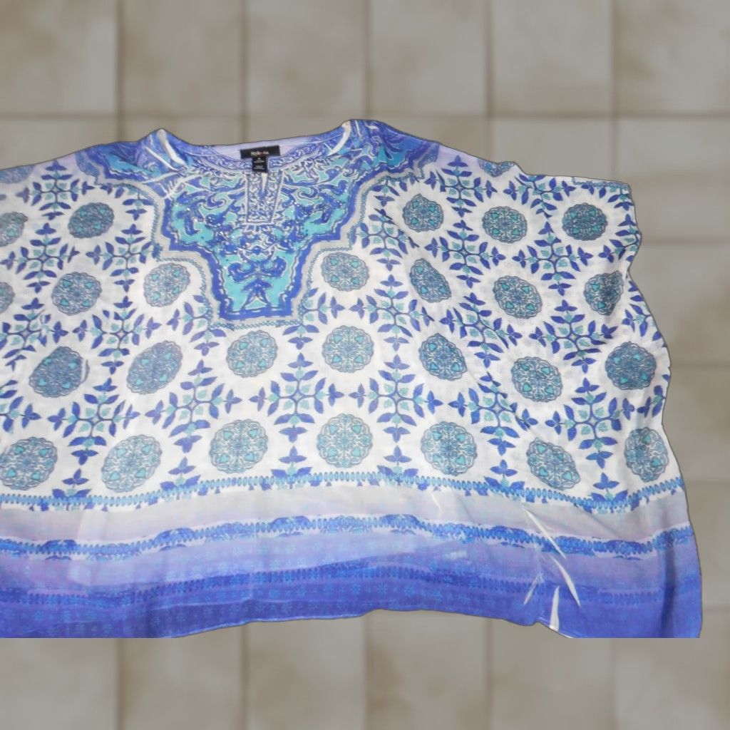 Vintage Style&Co Womens Blouse Cap Sleeve Medium Blue Crew Neck Pullover Ruffle Casual Regular Classic Polyester Rayon Vintage No Blouse Size M / US 6-8 / IT 42-44 - 1 Thumbnail