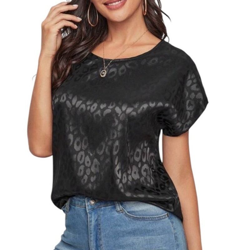 Shein Black Clasi Dolman Short Sleeve Leopard Jacquard Satin Top Size M / US 6-8 / IT 42-44 - 1 Thumbnail