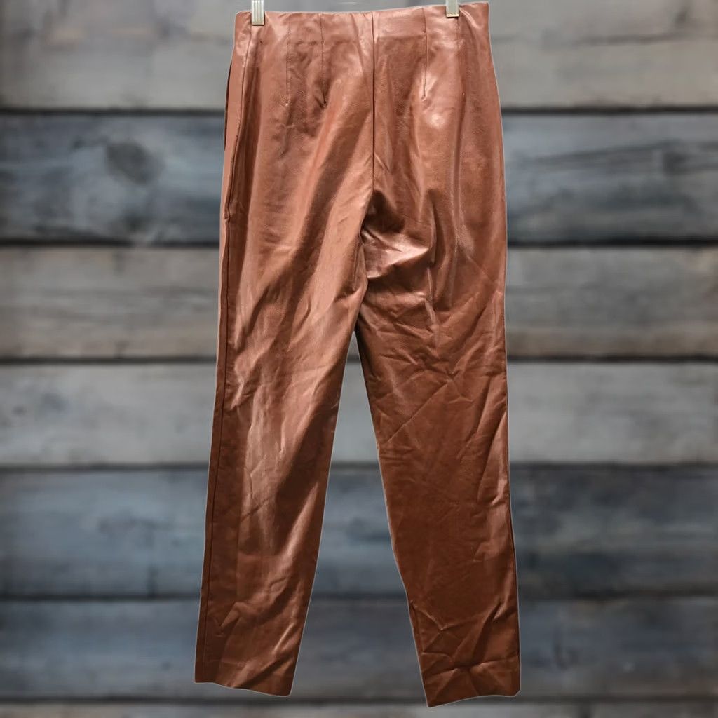 Express Express Faux Leather Tapered Leg Pants Womens 4L Long Brown High Waisted Pleated Tapered Leg Pants Size 27" / US 4 / IT 40 - 1 Thumbnail