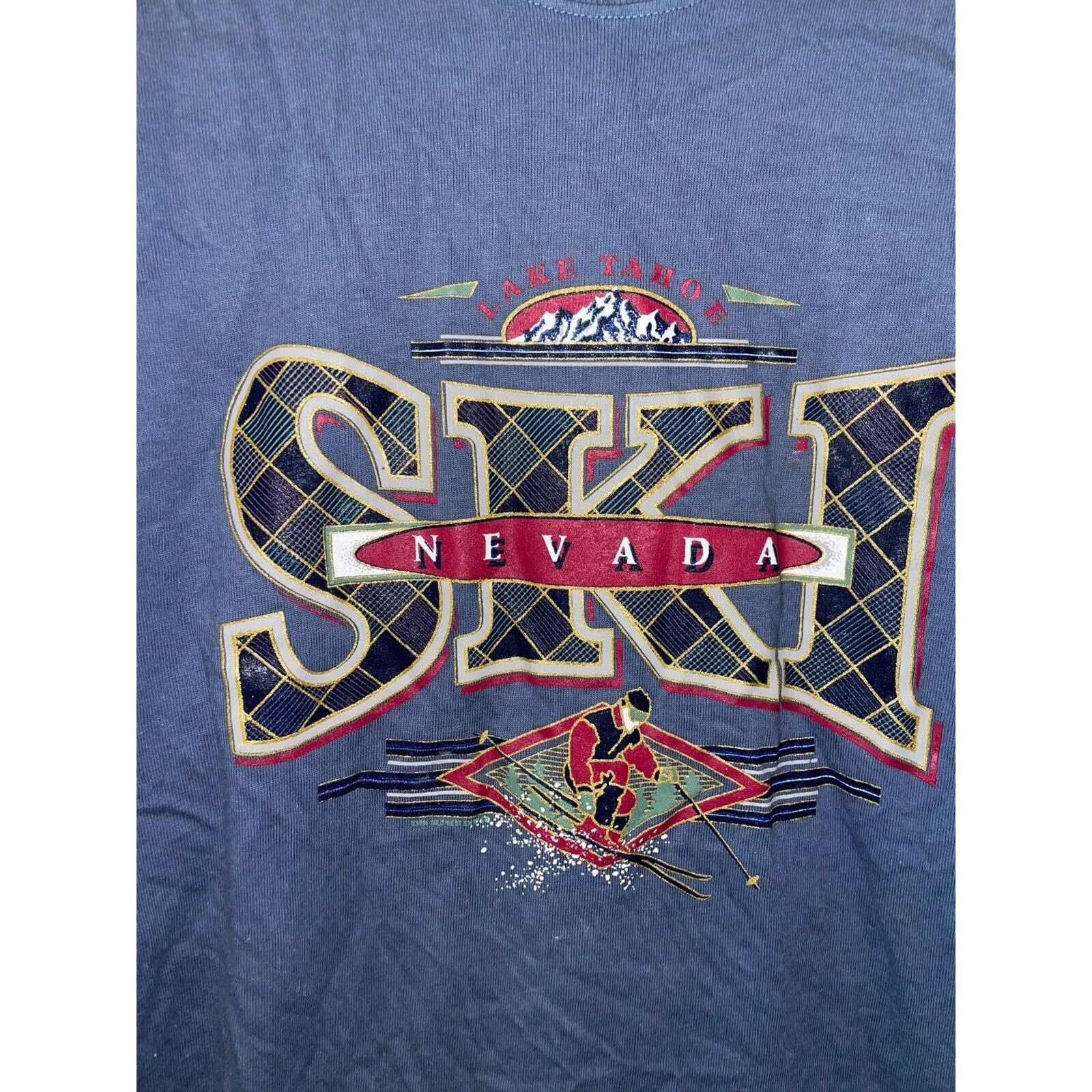Anvil Vintage Ski Lake Tahoe Shirt Nevada Skiing Blue Tee 90s VTG Size US L / EU 52-54 / 3 - 2 Thumbnail