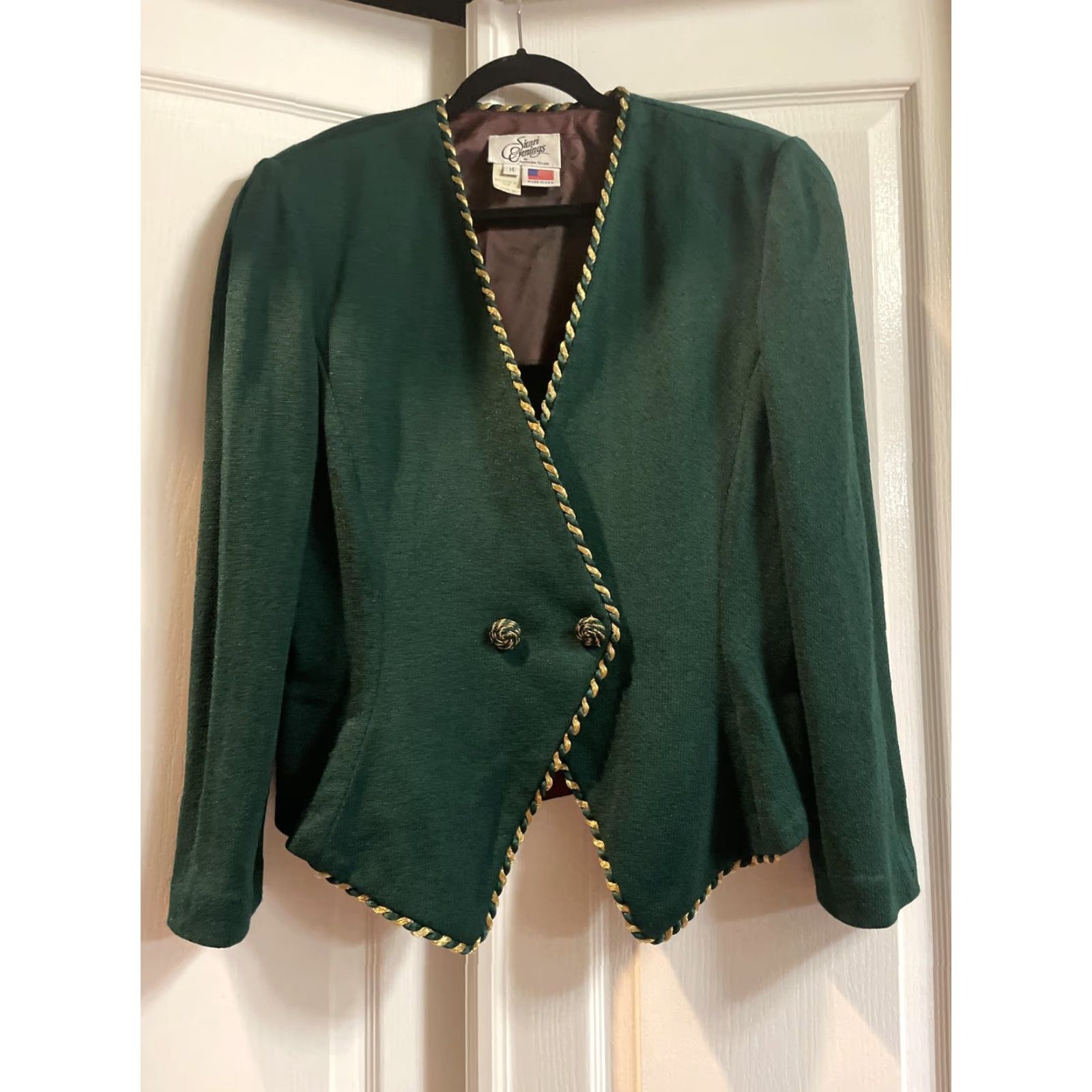 Vintage VINTAGE Sicari Evenings Blazer Womens 14 Green Gold Trim Button Jacket USA 90s Holiday Formal Party/Cocktail Mens? Women Size XL / US 12-14 / IT 48-50 - 2 Thumbnail