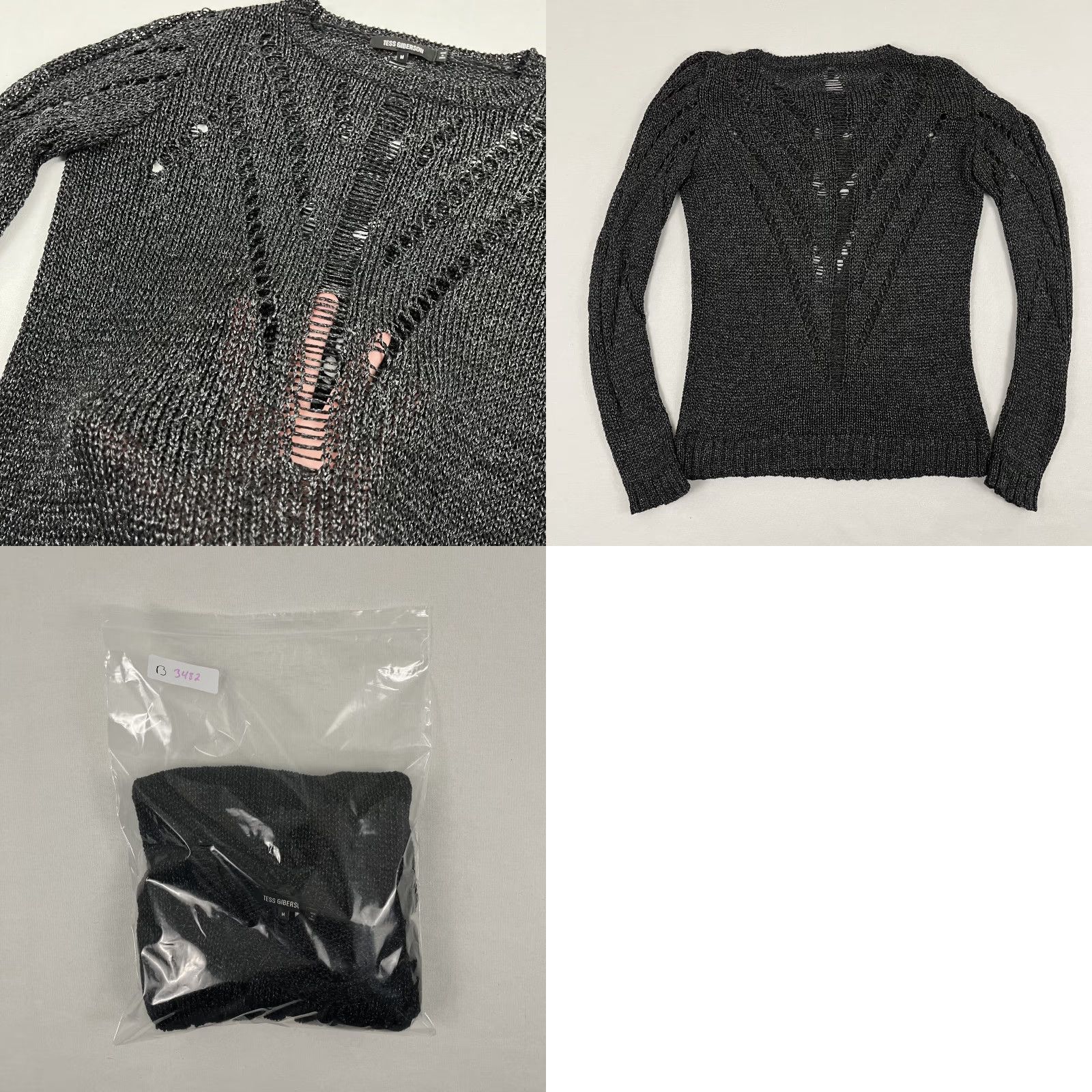 Vintage Tess Giberson Sweater Women Medium Black Shimmer Stretch Open Knit Crew Pullover Size M / US 6-8 / IT 42-44 - 8 Thumbnail
