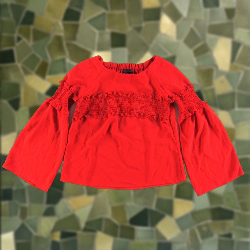 Vintage NWT Amaryllis Bright Red Ruffle Long Flare Sleeve Smock Tunic Blouse Medium Size M / US 6-8 / IT 42-44 - 1 Thumbnail