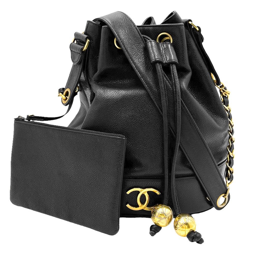 image of Chanel Shoulder Bag Drawstring Bag Coco Mark Vintage Bag Leather Black, Women's