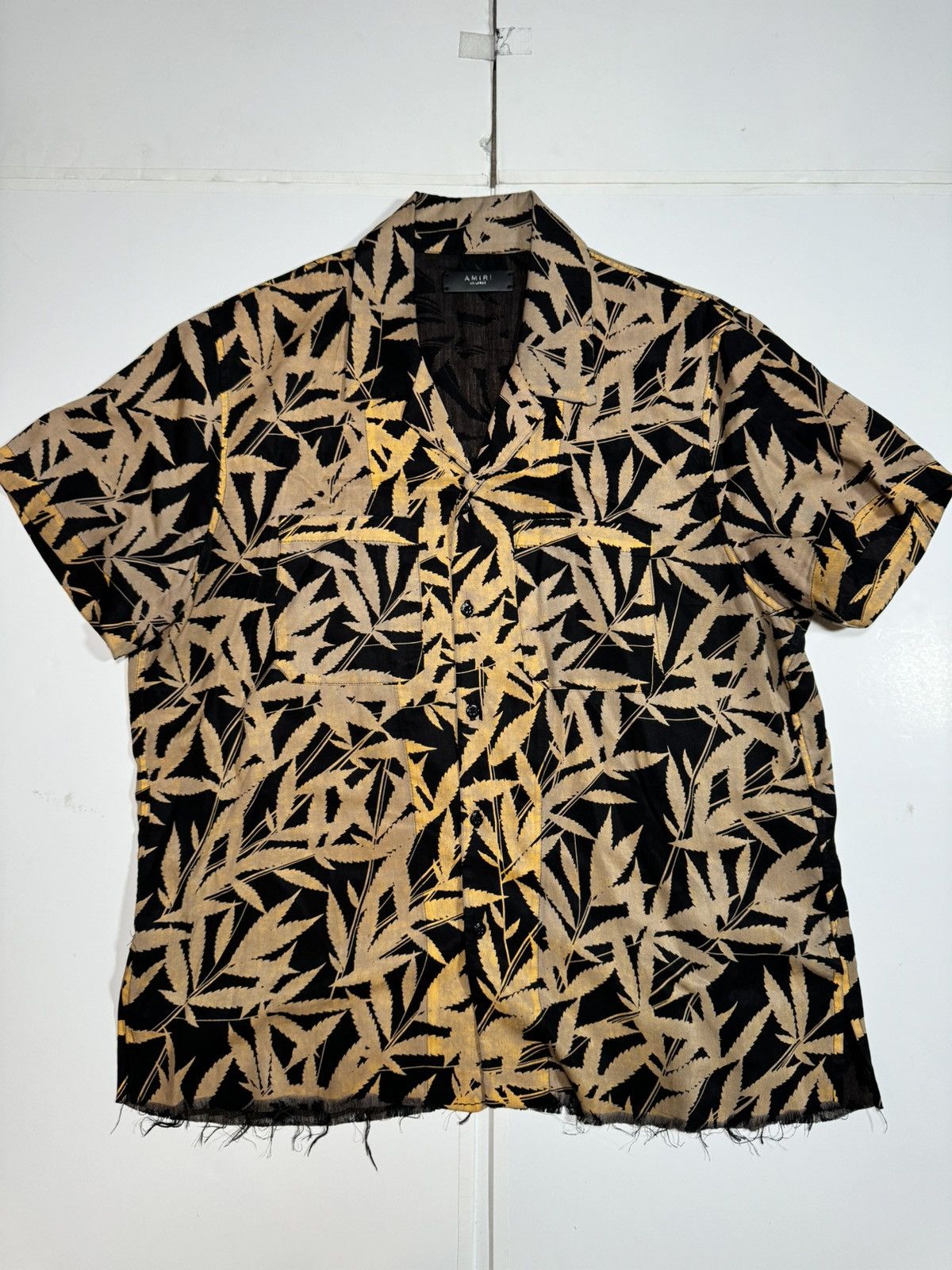 image of Amiri Rayon Weed Leaf Button Up in Black/Gold, Men's (Size 2XL)