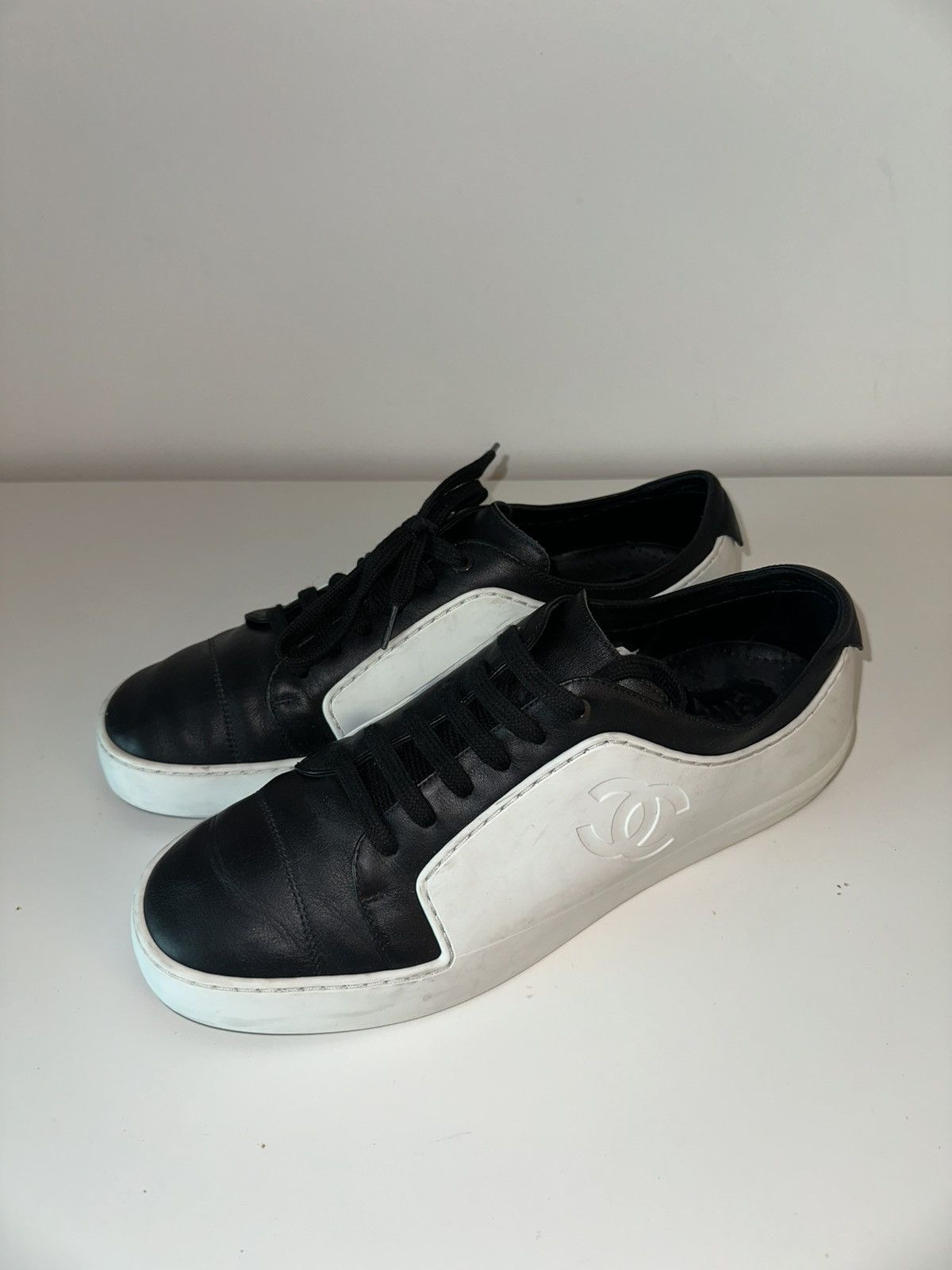 Chanel White Black Leather Rubber Sneakers