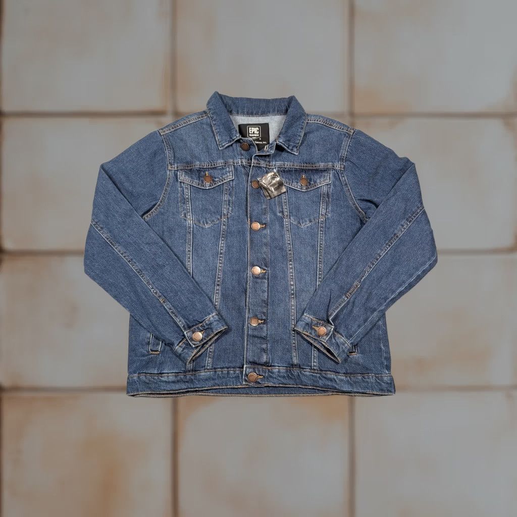 Denime Epic Games Jacket Denim Trucker Bomber Jacket Mens Large Blue 100% Cotton Pockets Logo Gaming Casual Vintage N/A Size US L / EU 52-54 / 3 - 1 Thumbnail