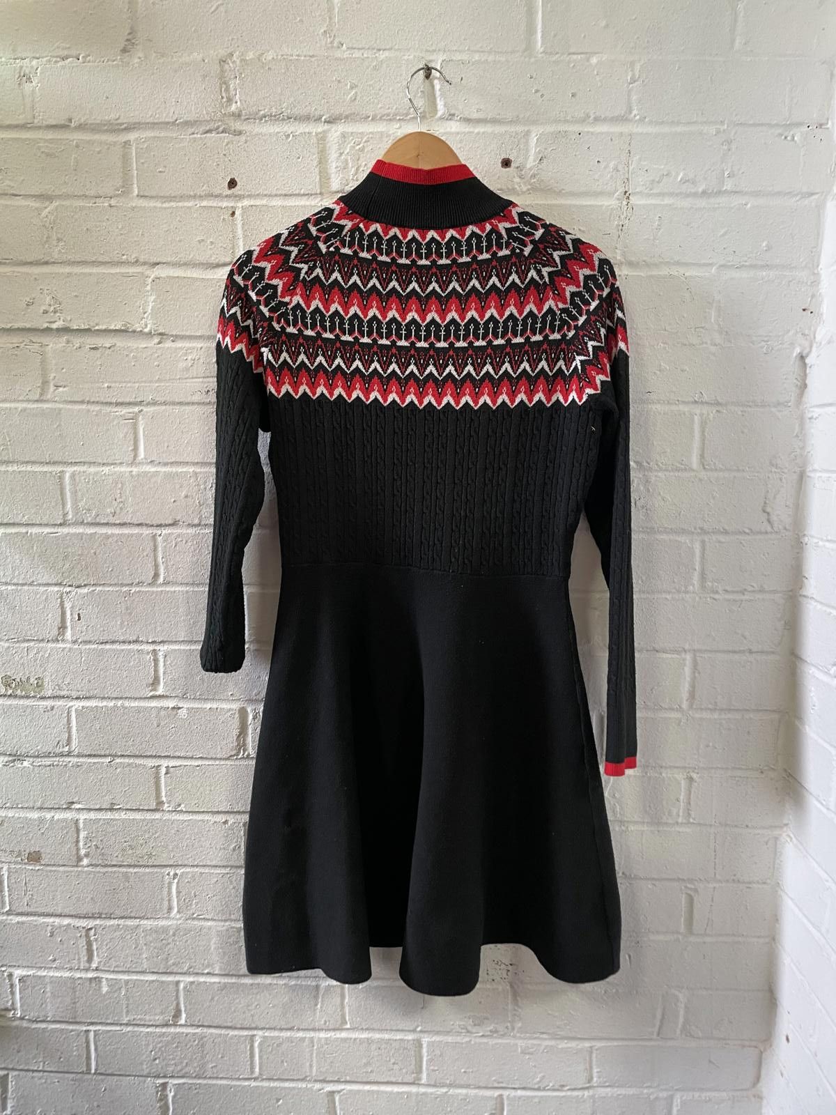 Unknown London Black Knit Dress with Red and White Patterned Yoke Size L / US 10 / IT 46 - 1 Thumbnail