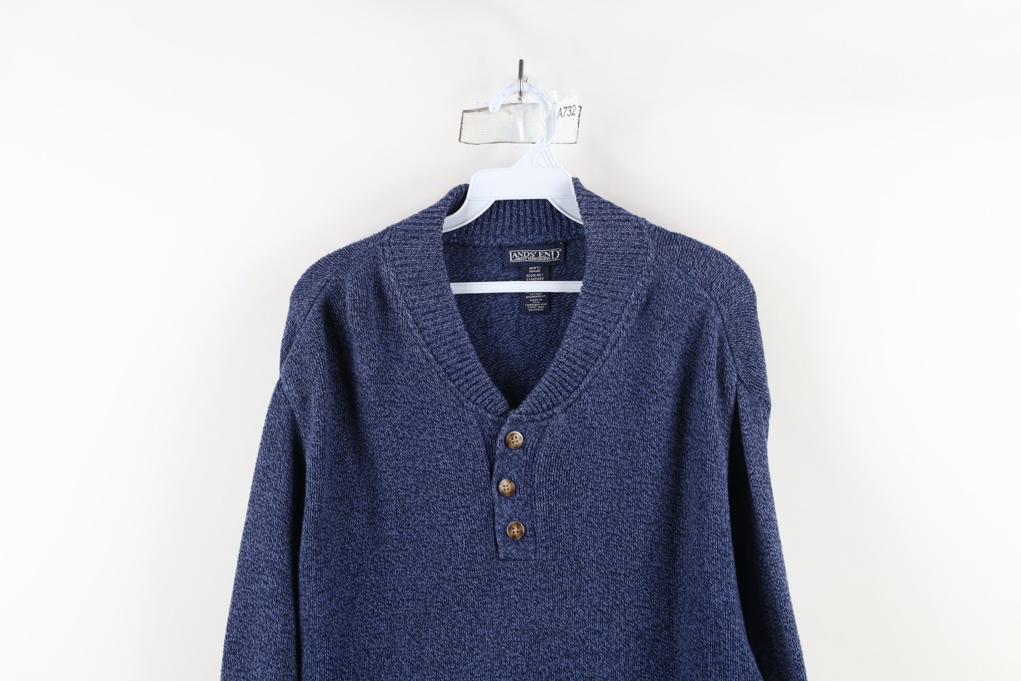 Lands' End × Vintage Vintage 90s Lands End Cotton Knit Henley Sweater Blue USA Size US M / EU 48-50 / 2 - 2 Thumbnail