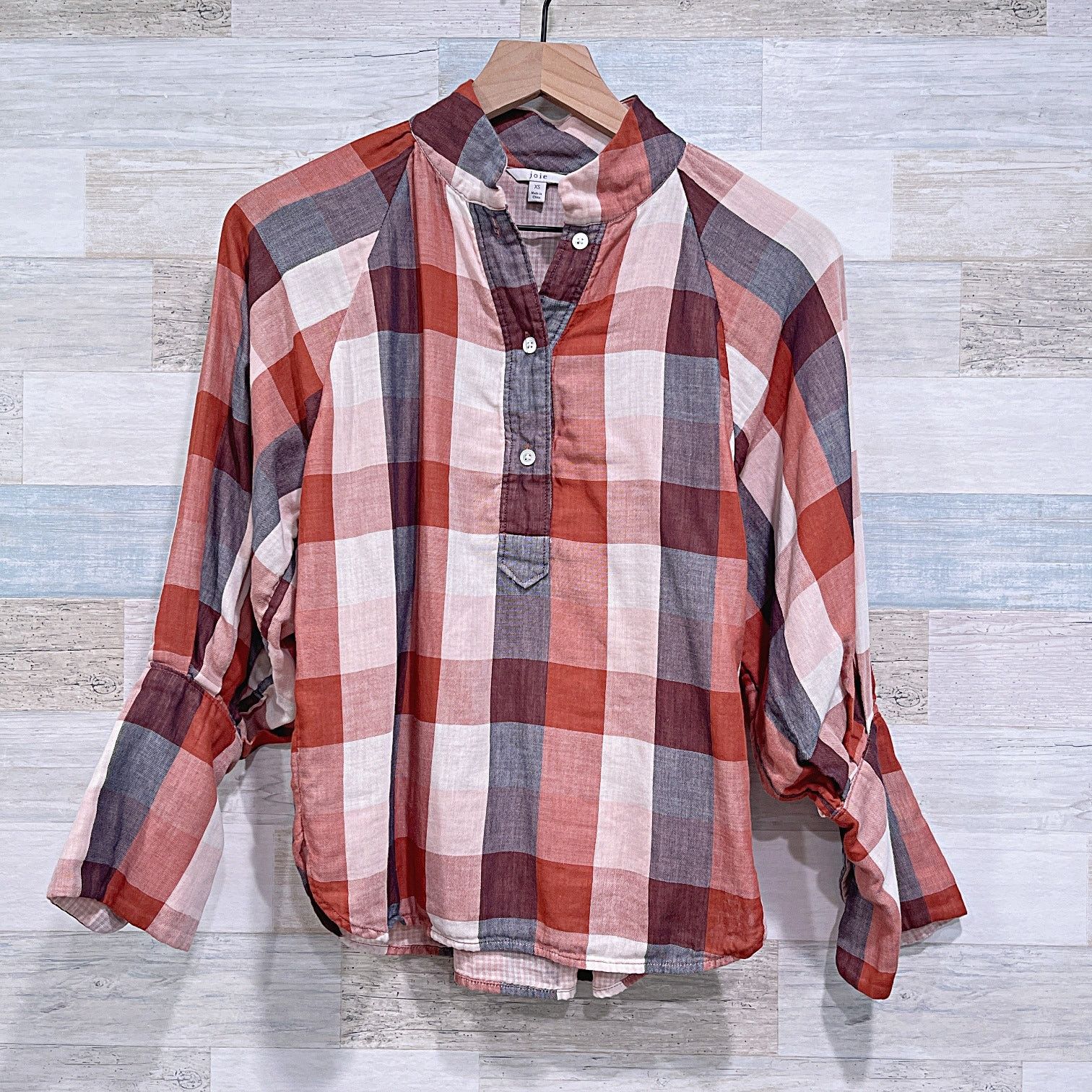 Joie JOIE Dia Plaid Henley Double Cloth Top Brown Orange 3/4 XS Size XS / US 0-2 / IT 36-38 - 1 Thumbnail