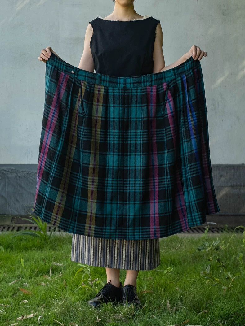 1980s KENZO Wool Plaid Wrap Skirt - dmc