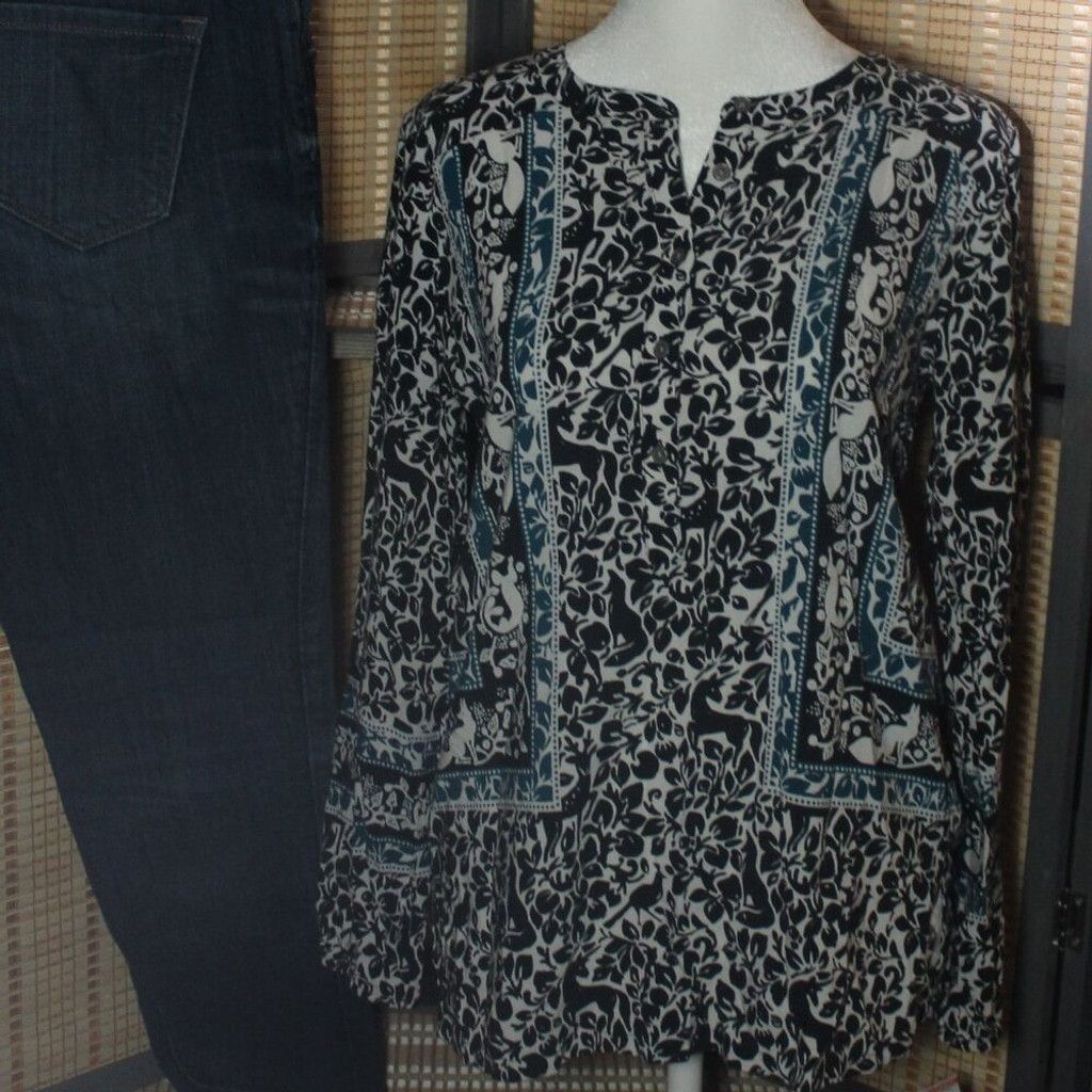 Loft LOFT Navy White & Teal Blouse with Woodland Creatures Motif Size XS / US 0-2 / IT 36-38 - 2 Thumbnail